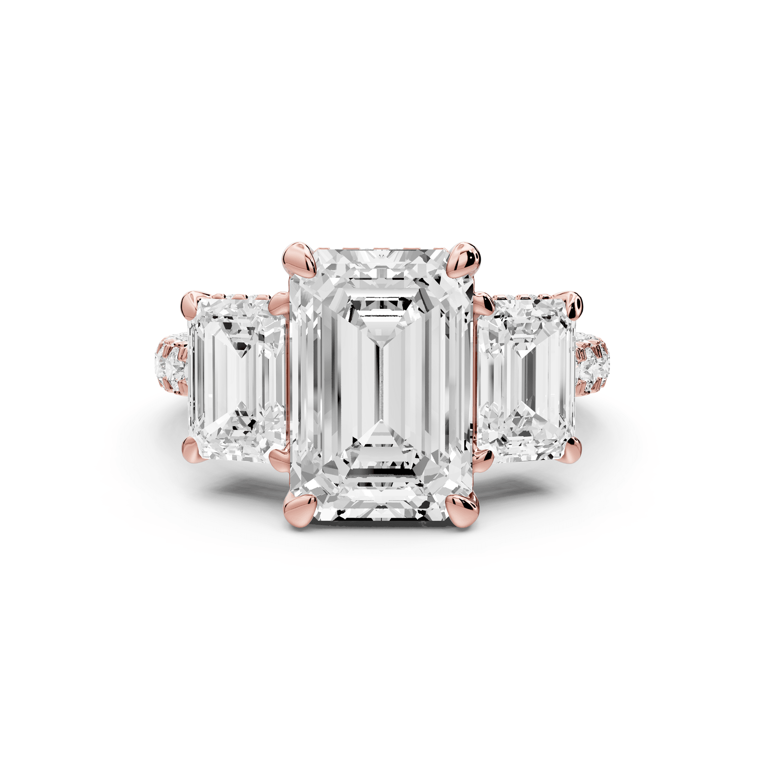 Neta - 3ct 14k rose gold Emerald Hidden Halo Three-Stone Engagement Ring with Pavé Band - Mr. Alex Jewelry