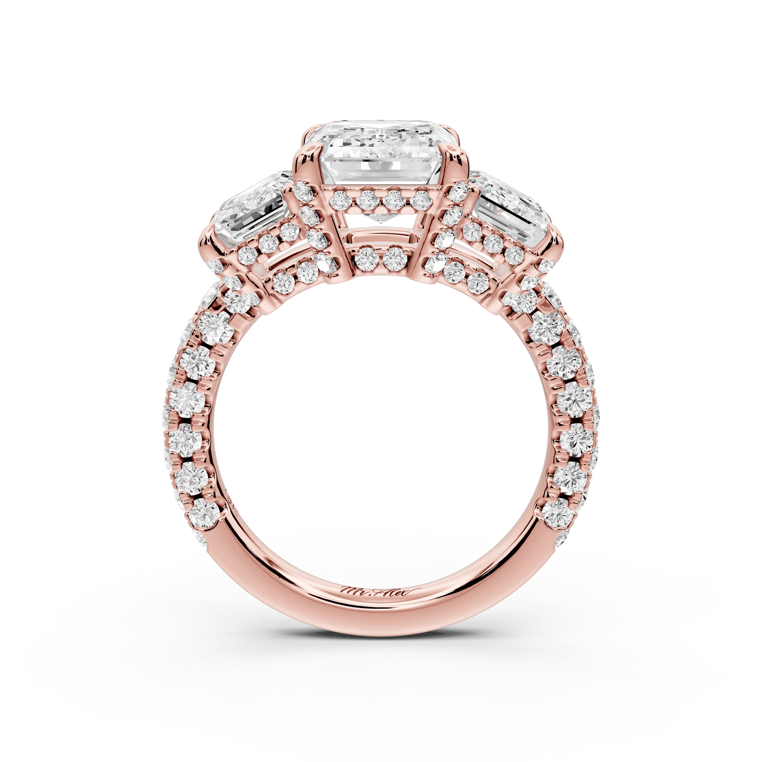Neta - 3ct 14k rose gold Emerald Hidden Halo Three-Stone Engagement Ring with Pavé Band - Mr. Alex Jewelry