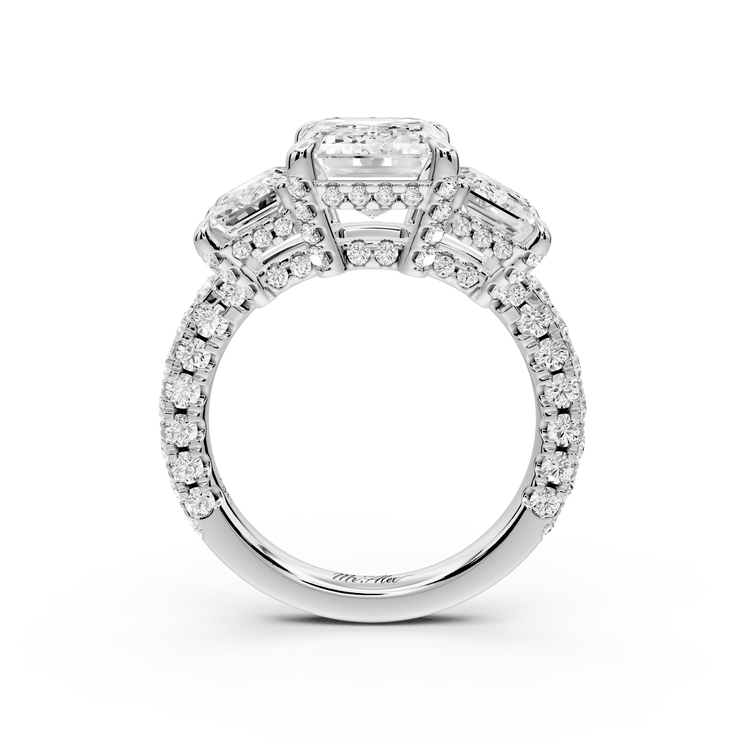 Neta - 3ct 14k white gold Emerald Hidden Halo Three-Stone Engagement Ring with Pavé Band - Mr. Alex Jewelry