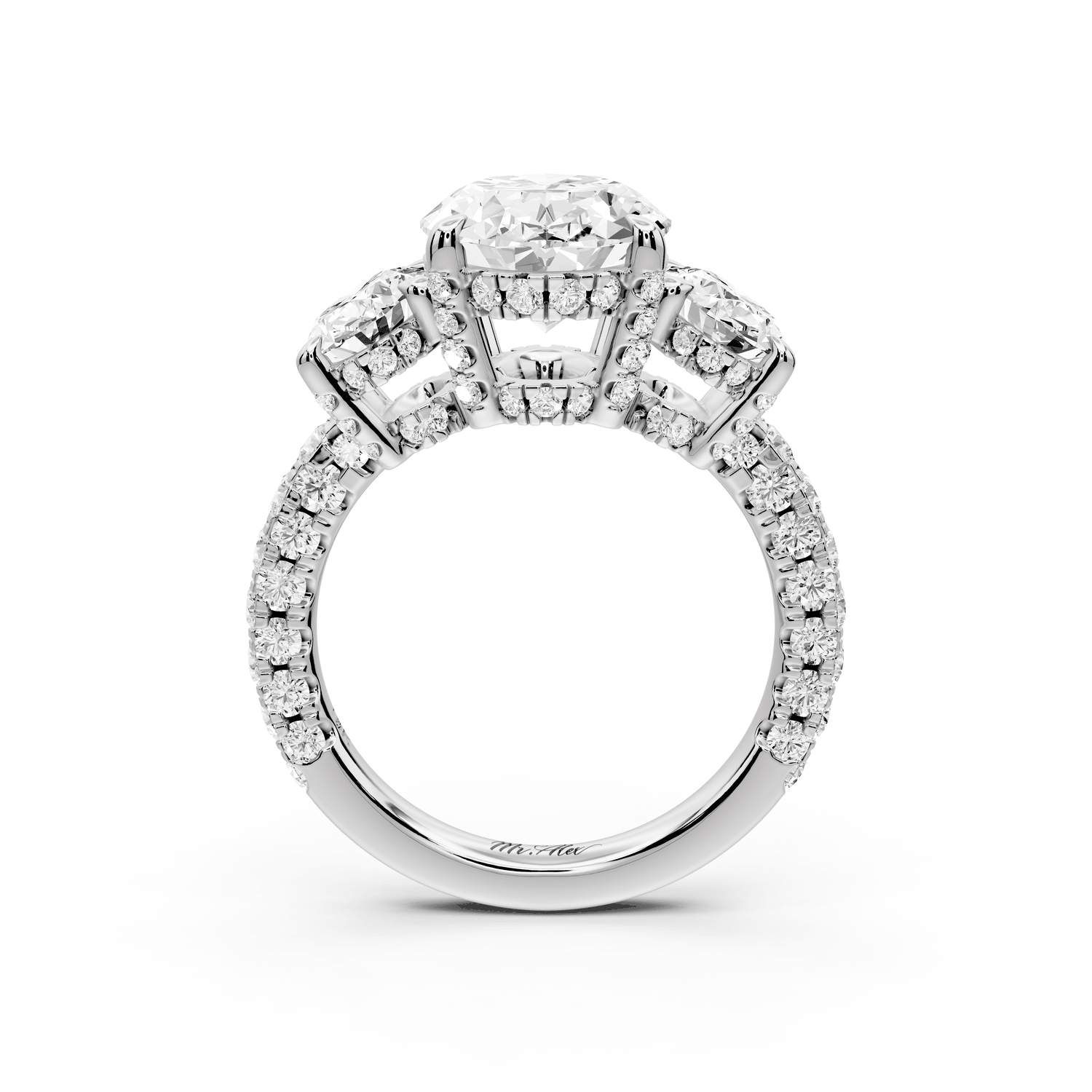 Neta - 3ct 14k white gold Oval Hidden Halo Three-Stone Engagement Ring with Pavé Band - Mr. Alex Jewelry