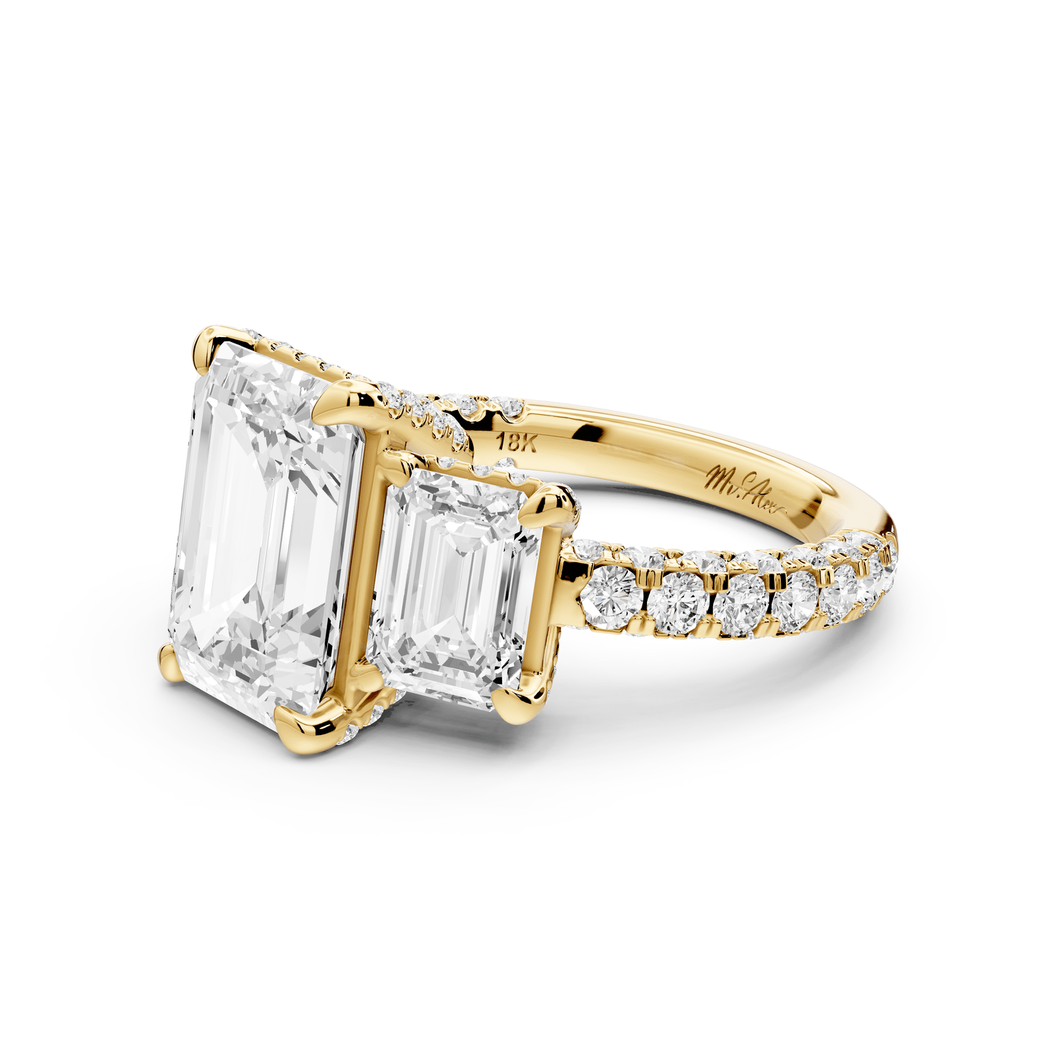 Neta - 3ct 14k yellow gold Emerald Hidden Halo Three-Stone Engagement Ring with Pavé Band - Mr. Alex Jewelry