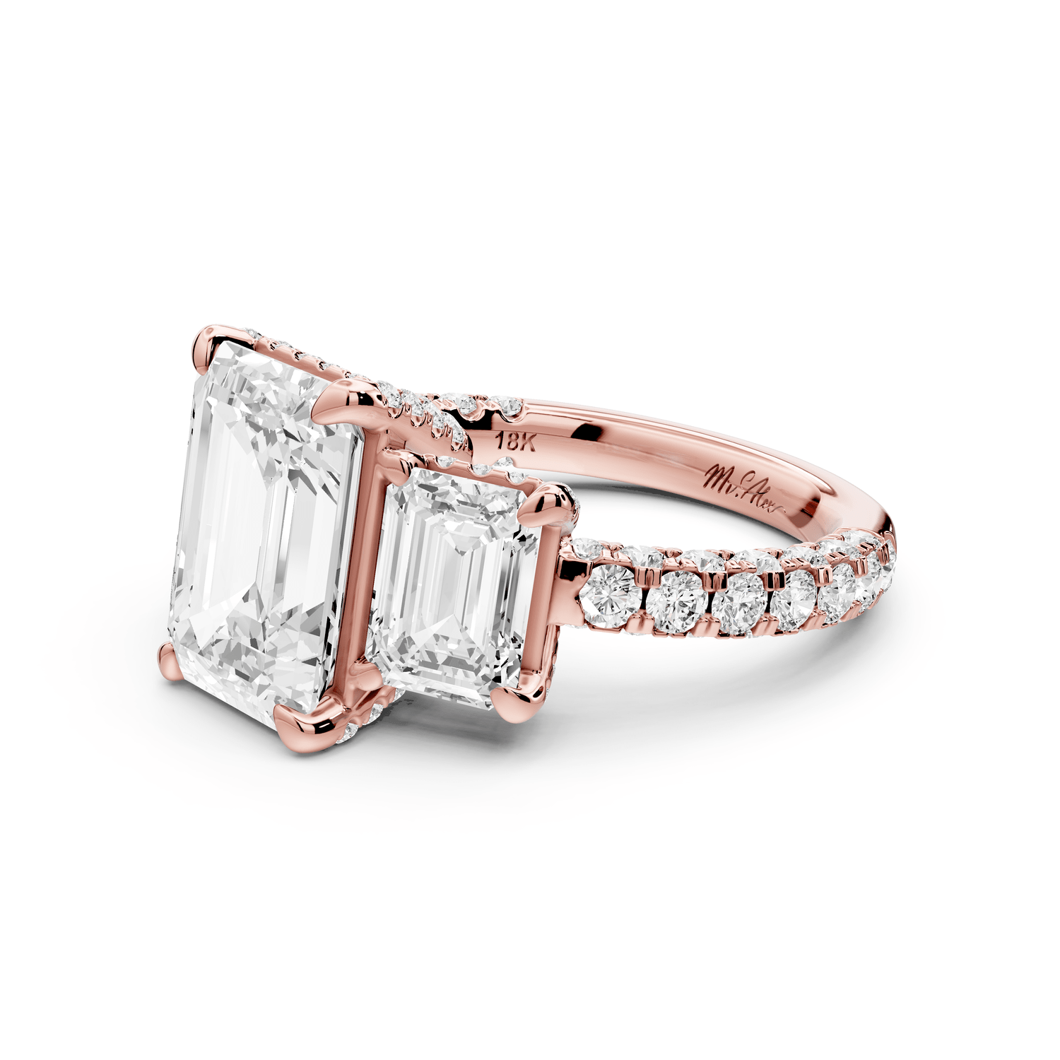 Neta - 3ct 18k rose gold Emerald Hidden Halo Three-Stone Engagement Ring with Pavé Band - Mr. Alex Jewelry