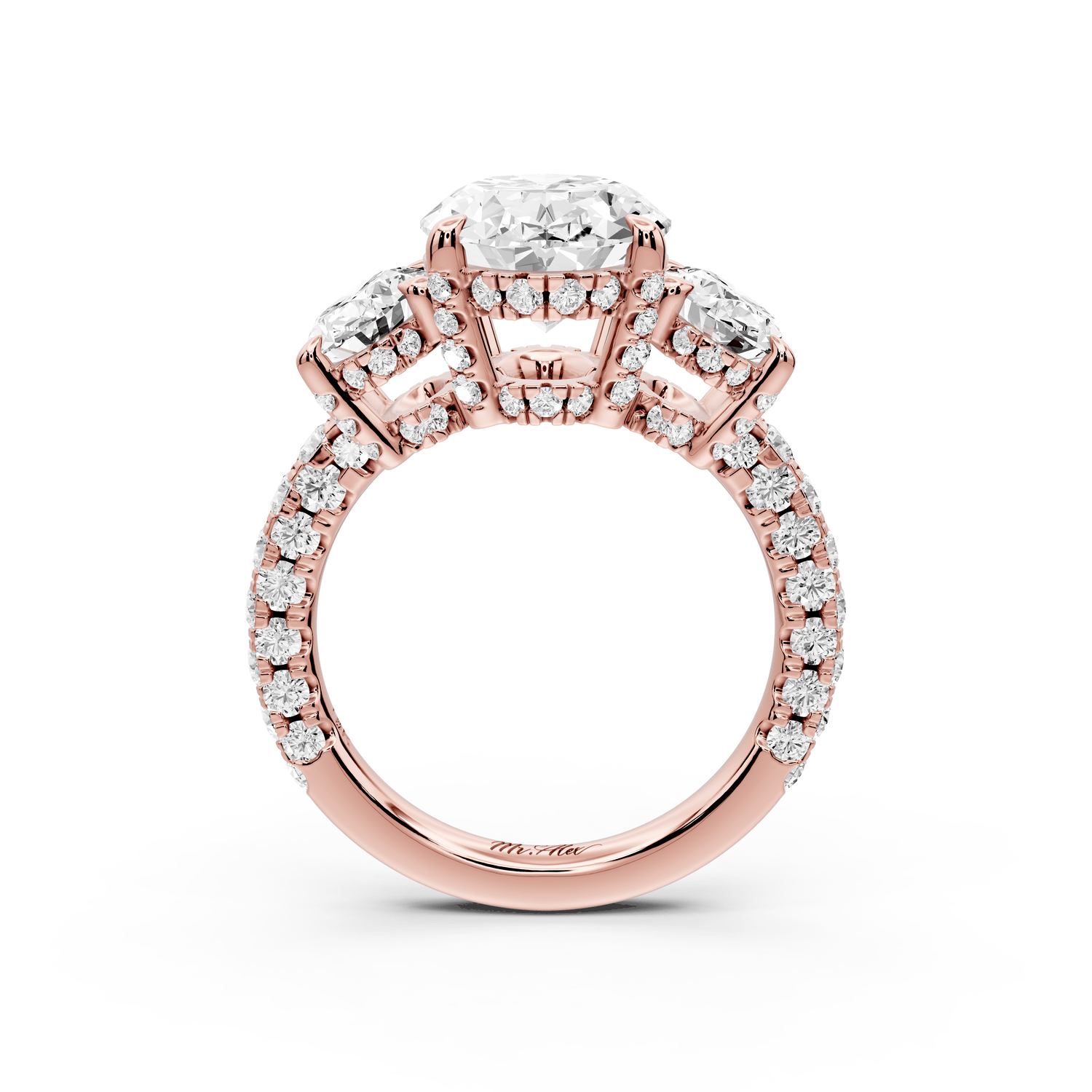 Neta - 3ct 18k rose gold Oval Hidden Halo Three-Stone Engagement Ring with Pavé Band - Mr. Alex Jewelry