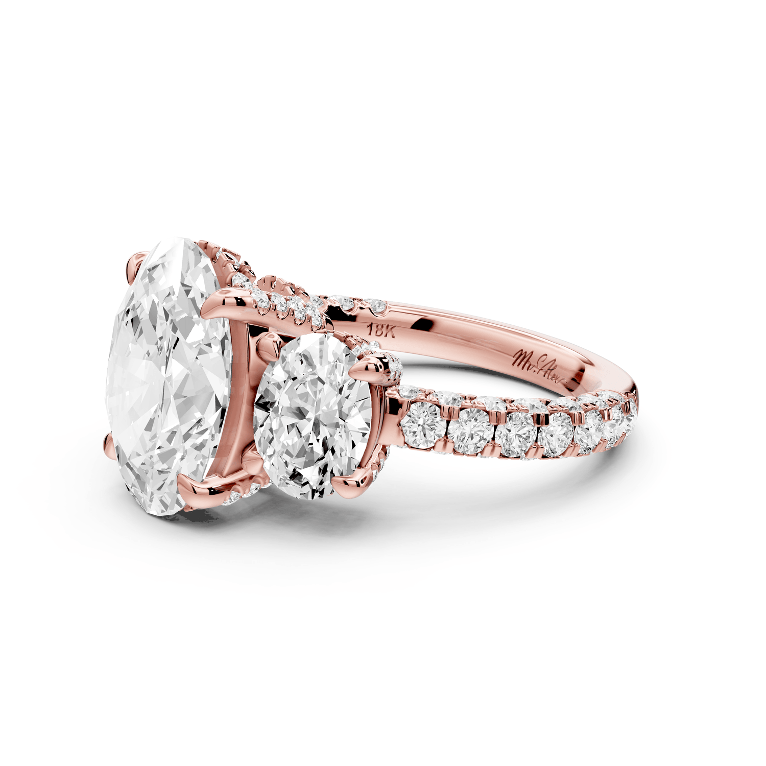 Neta - 3ct 18k rose gold Oval Hidden Halo Three-Stone Engagement Ring with Pavé Band - Mr. Alex Jewelry
