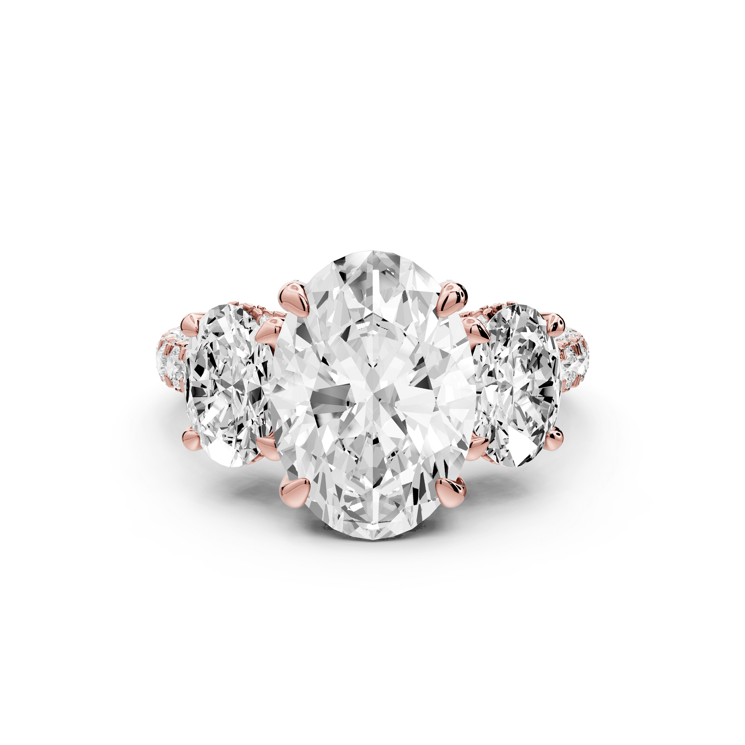 Neta - 3ct 18k rose gold Oval Hidden Halo Three-Stone Engagement Ring with Pavé Band - Mr. Alex Jewelry