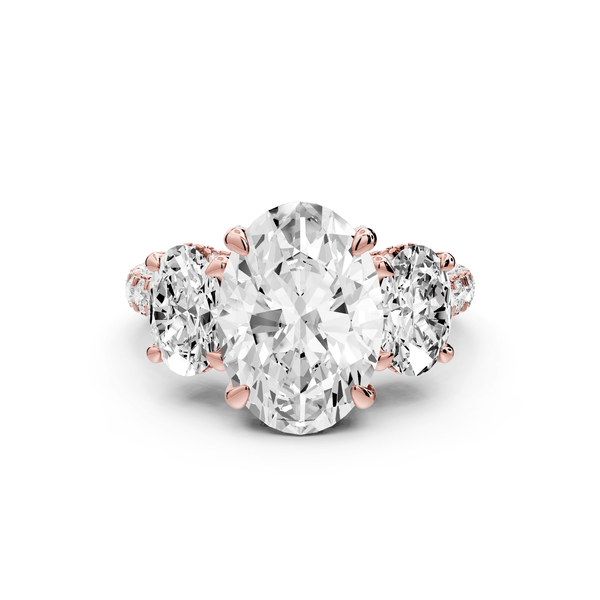 Neta - 3ct 18k rose gold Oval Hidden Halo Three-Stone Engagement Ring with Pavé Band - Mr. Alex Jewelry
