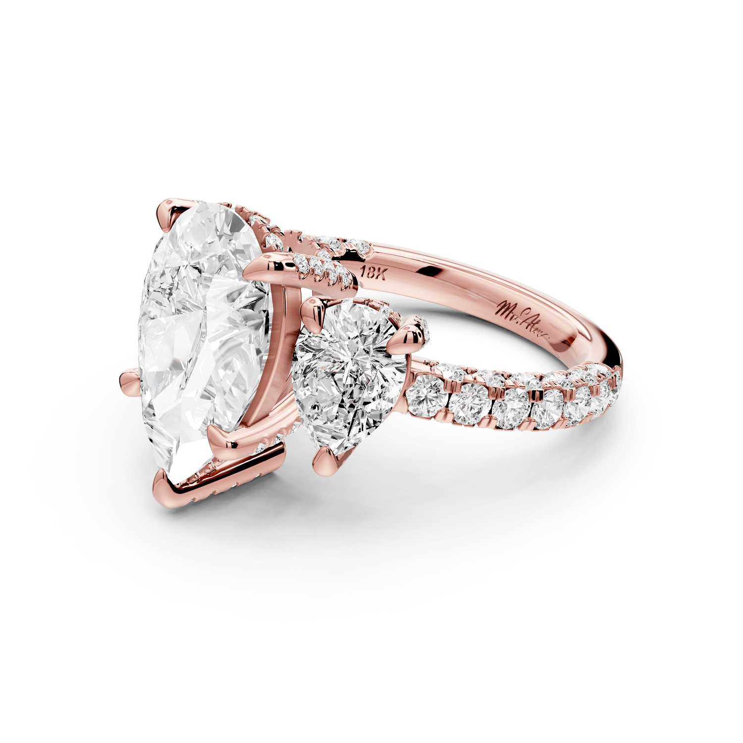 Neta - 3ct 18k rose gold Pear Hidden Halo Three-Stone Engagement Ring with Pavé Band - Mr. Alex Jewelry