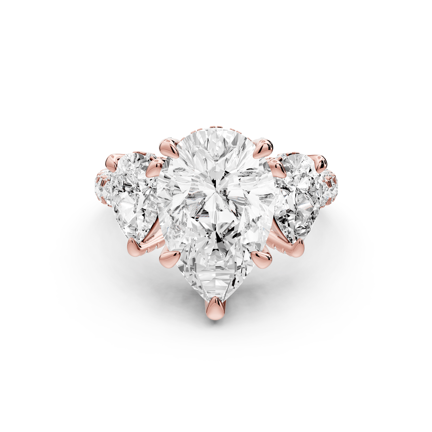 Neta - 3ct 18k rose gold Pear Hidden Halo Three-Stone Engagement Ring with Pavé Band - Mr. Alex Jewelry