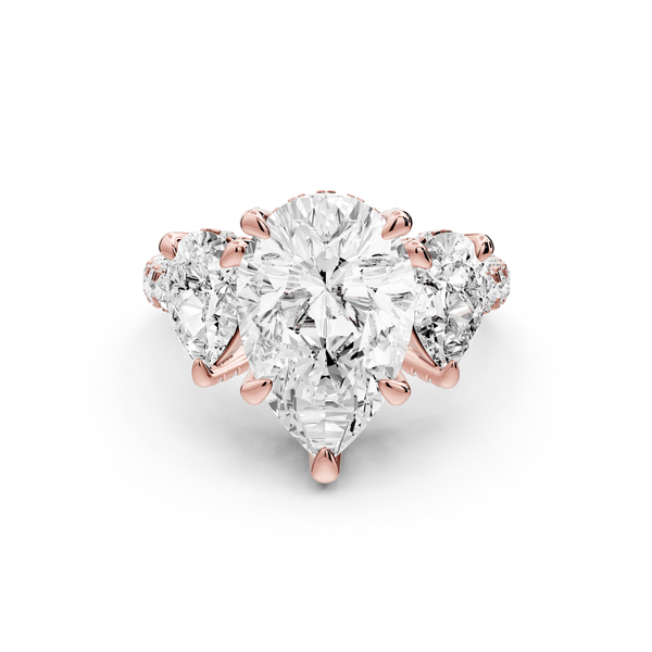 Neta - 3ct 18k rose gold Pear Hidden Halo Three-Stone Engagement Ring with Pavé Band - Mr. Alex Jewelry