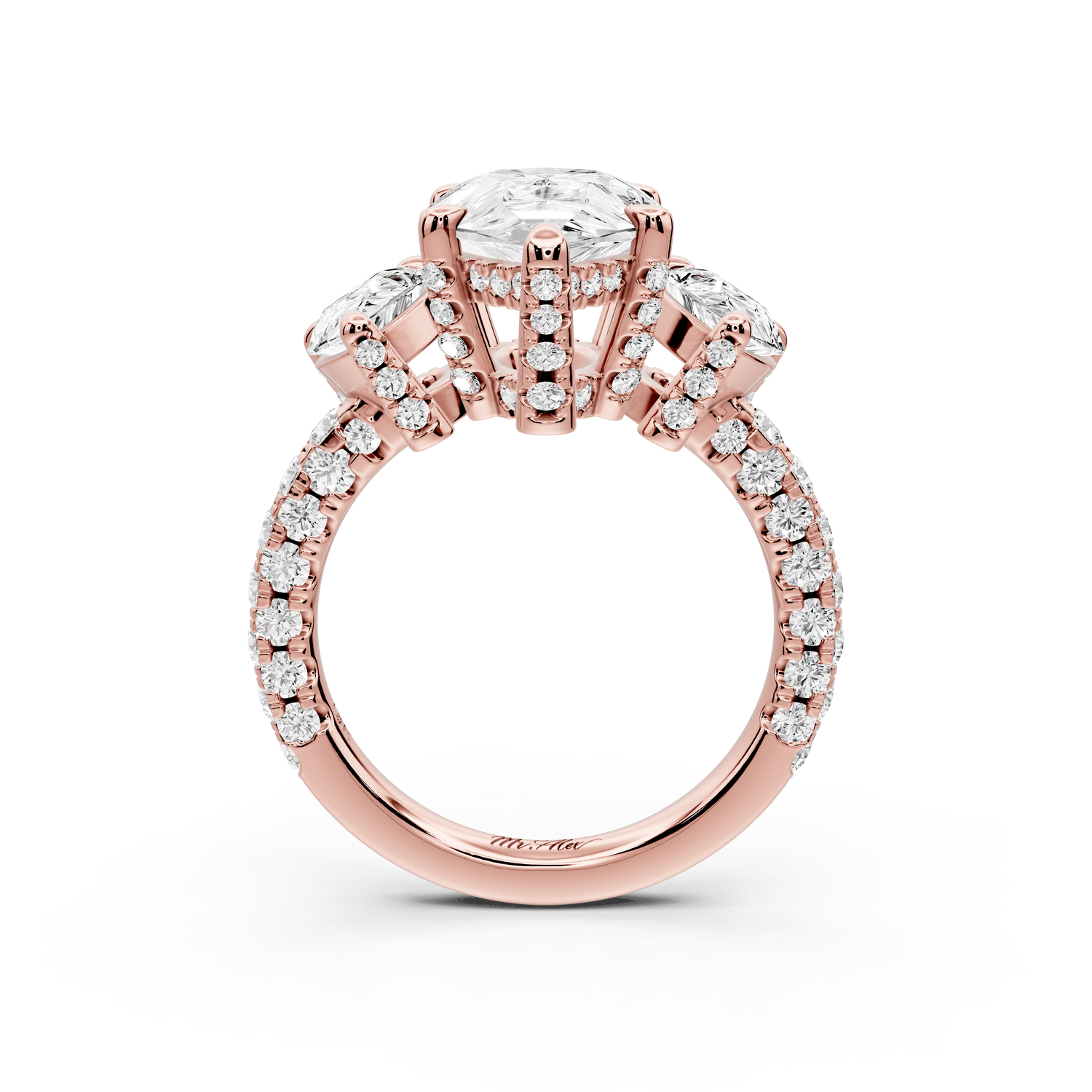 Neta - 3ct 18k rose gold Pear Hidden Halo Three-Stone Engagement Ring with Pavé Band - Mr. Alex Jewelry