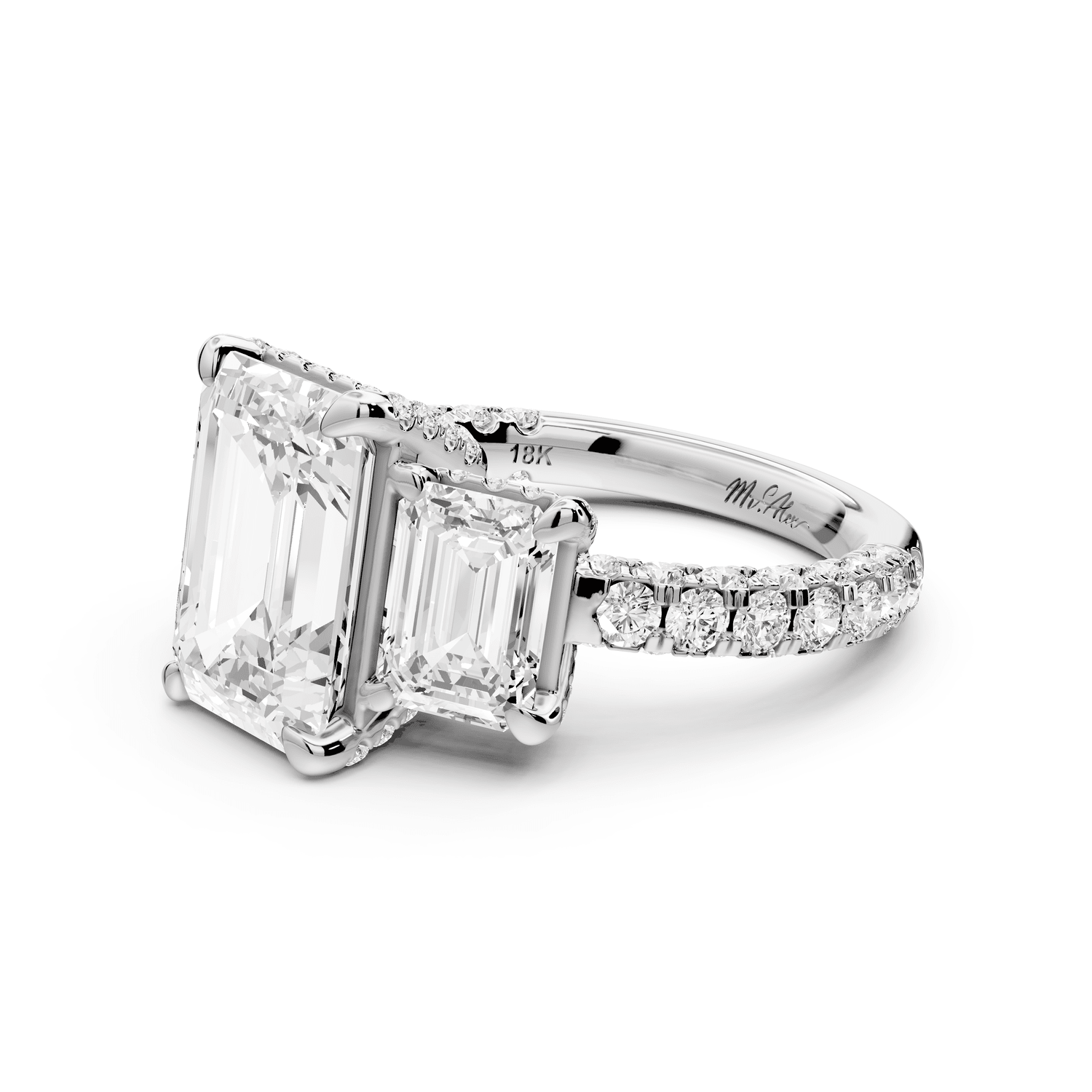 Neta - 3ct 18k white gold Emerald Hidden Halo Three-Stone Engagement Ring with Pavé Band - Mr. Alex Jewelry