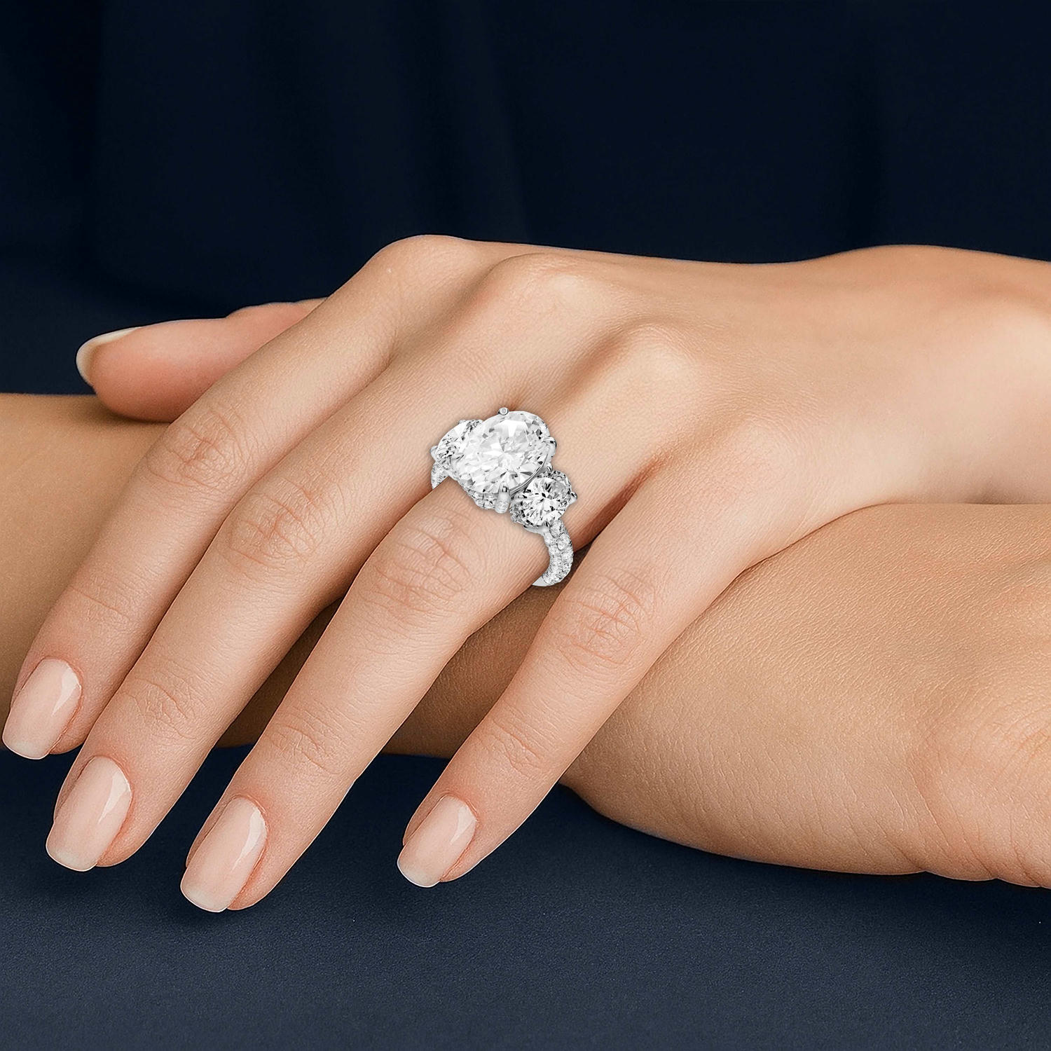 Neta - 3ct 18k white gold Oval Hidden Halo Three-Stone Engagement Ring with Pavé Band - Mr. Alex Jewelry
