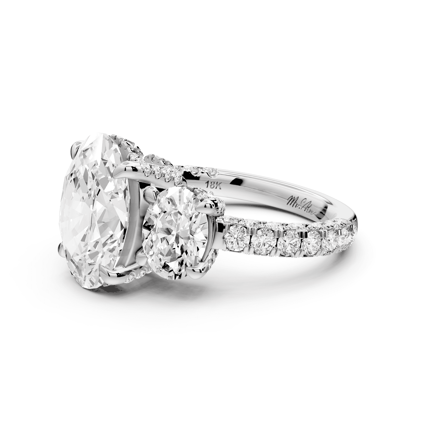 Neta - 3ct 18k white gold Oval Hidden Halo Three-Stone Engagement Ring with Pavé Band - Mr. Alex Jewelry