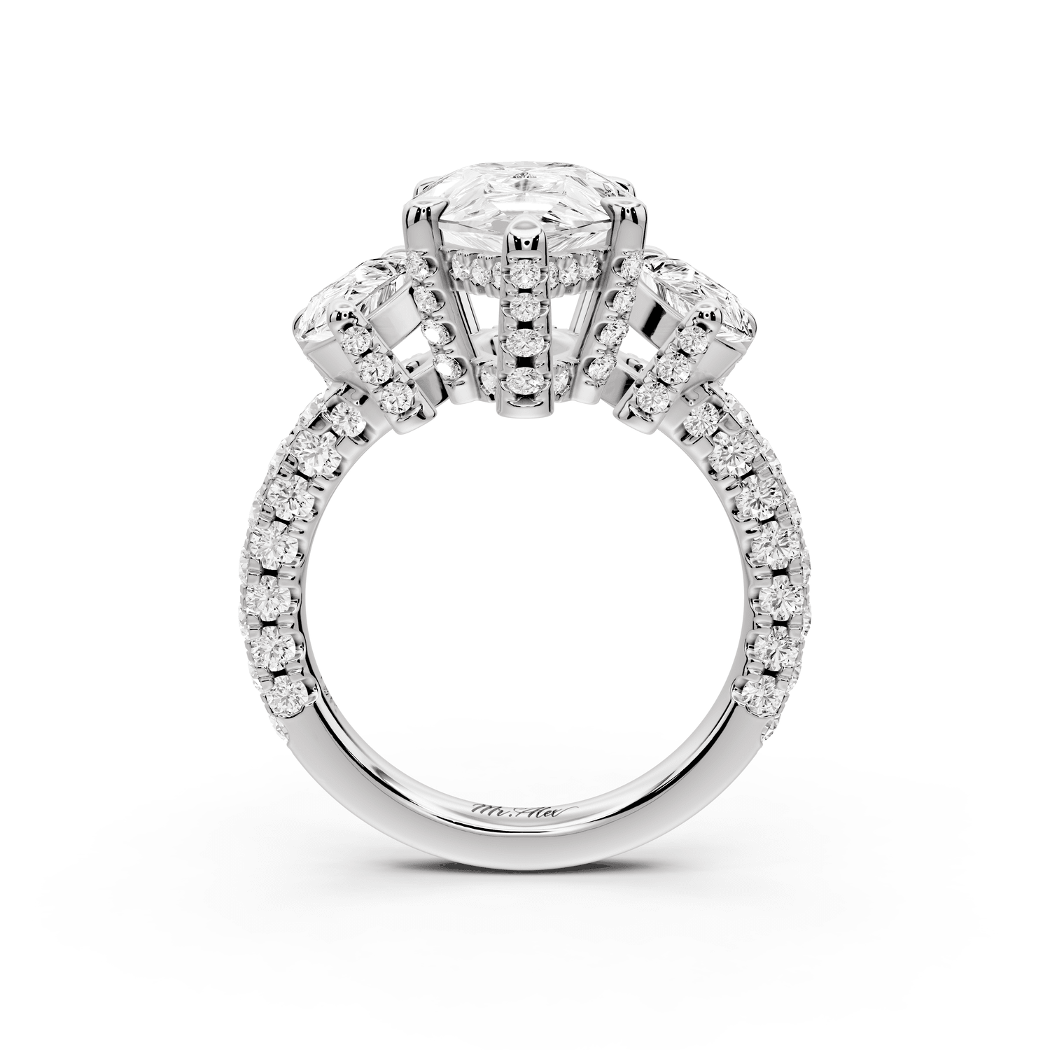 Neta - 3ct 18k white gold Pear Hidden Halo Three-Stone Engagement Ring with Pavé Band - Mr. Alex Jewelry