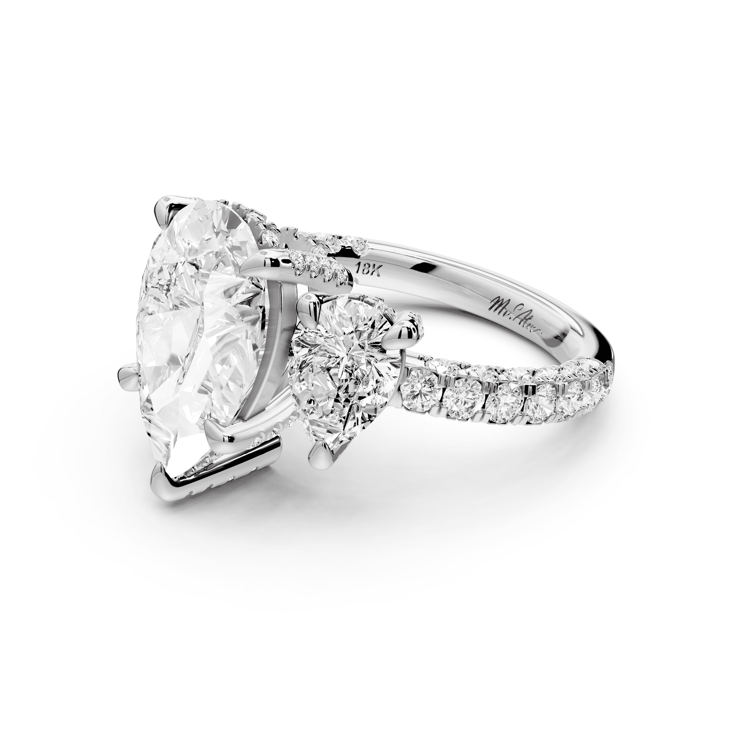 Neta - 3ct 18k white gold Pear Hidden Halo Three-Stone Engagement Ring with Pavé Band - Mr. Alex Jewelry