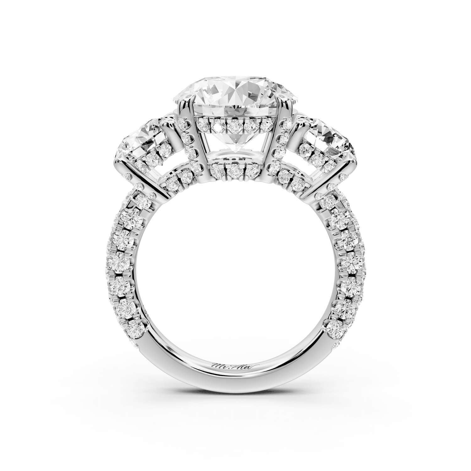 Neta - 3ct 18k white gold Round Hidden Halo Three-Stone Engagement Ring with Pavé Band - Mr. Alex Jewelry