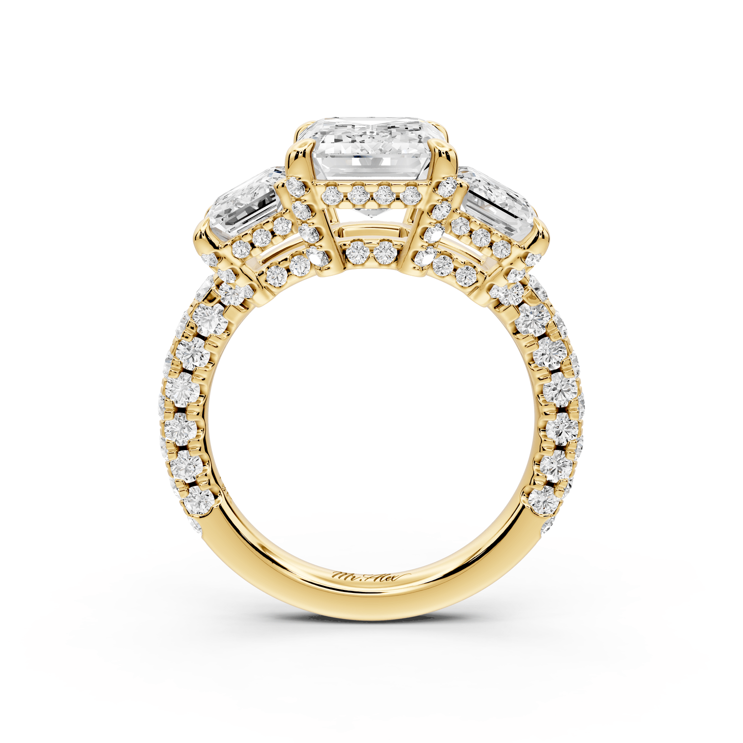 Neta - 3ct 18k yellow gold Emerald Hidden Halo Three-Stone Engagement Ring with Pavé Band - Mr. Alex Jewelry