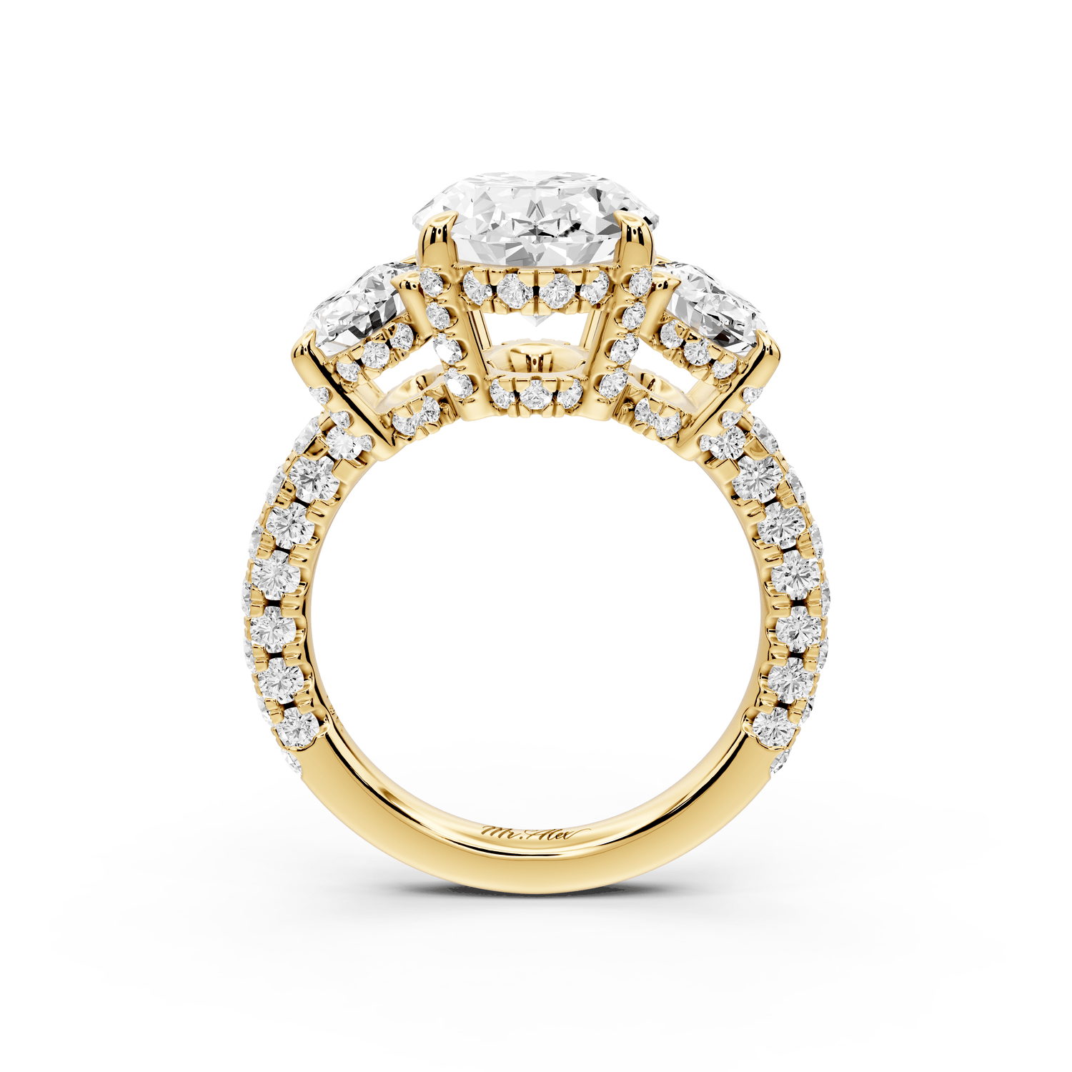 Neta - 3ct 18k yellow gold Oval Hidden Halo Three-Stone Engagement Ring with Pavé Band - Mr. Alex Jewelry