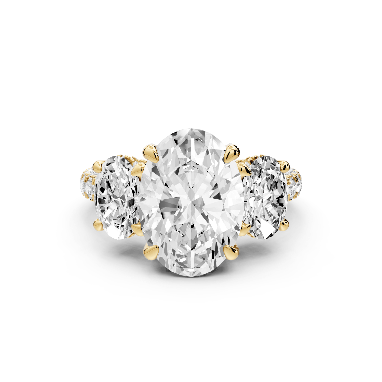 Neta - 3ct 18k yellow gold Oval Hidden Halo Three-Stone Engagement Ring with Pavé Band - Mr. Alex Jewelry