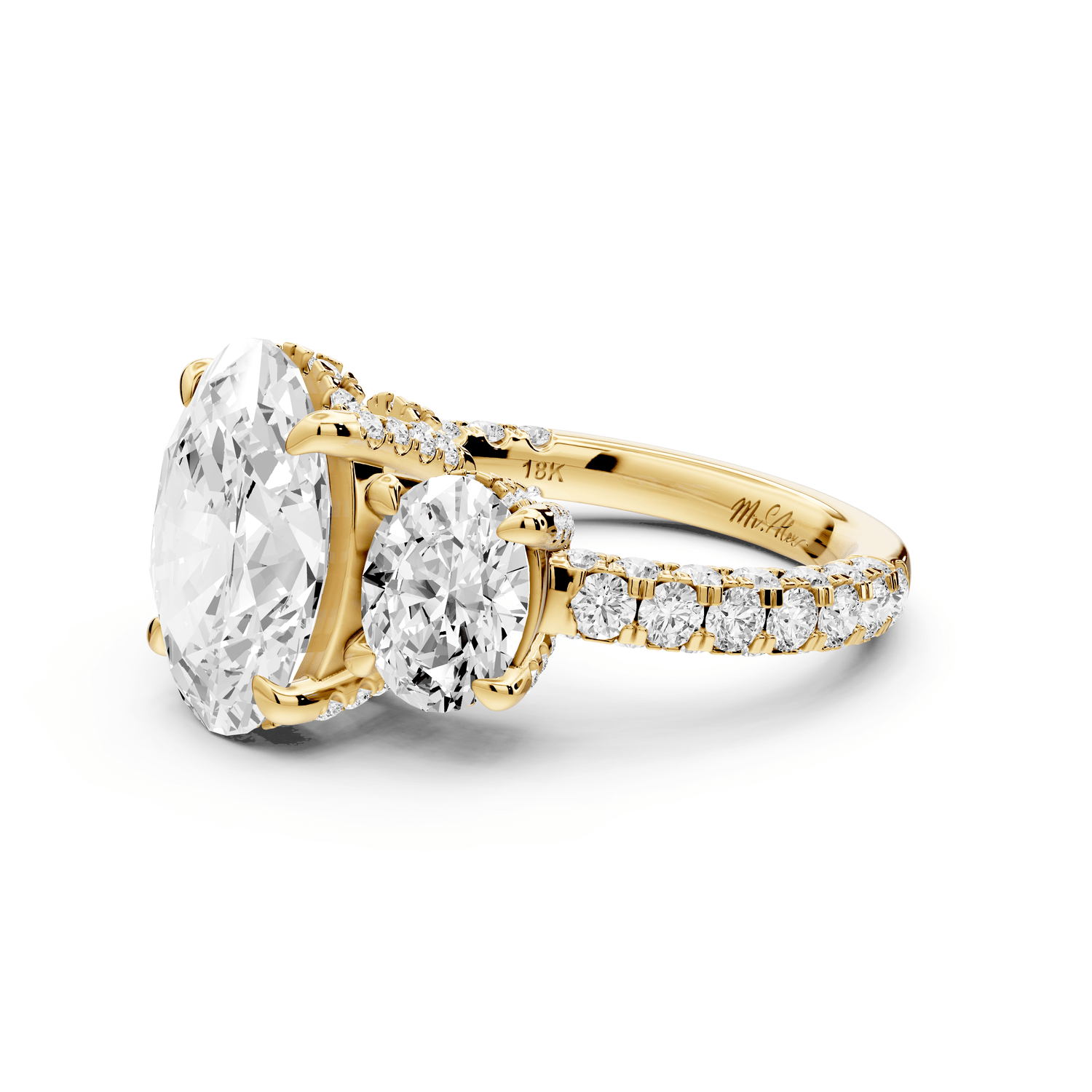 Neta - 3ct 18k yellow gold Oval Hidden Halo Three-Stone Engagement Ring with Pavé Band - Mr. Alex Jewelry