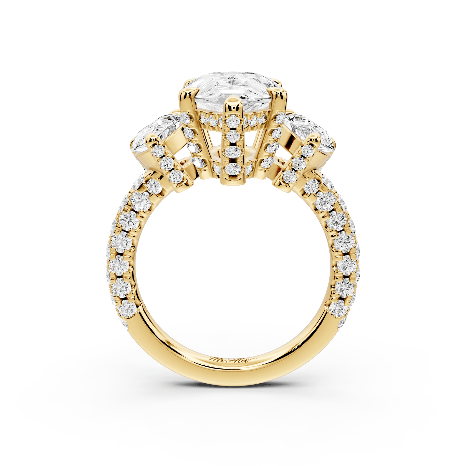Neta - 3ct 18k yellow gold Pear Hidden Halo Three-Stone Engagement Ring with Pavé Band - Mr. Alex Jewelry