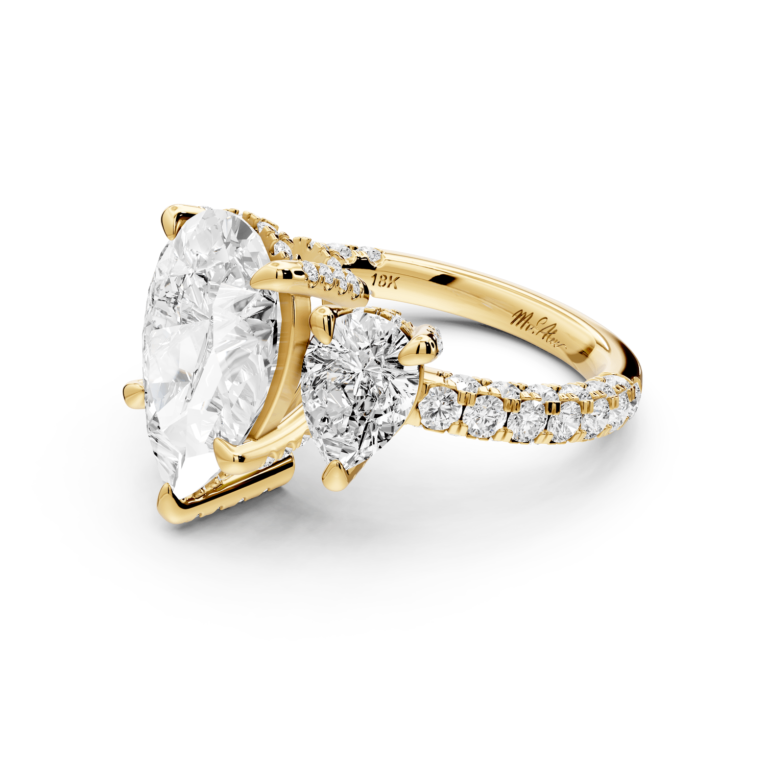 Neta - 3ct 18k yellow gold Pear Hidden Halo Three-Stone Engagement Ring with Pavé Band - Mr. Alex Jewelry