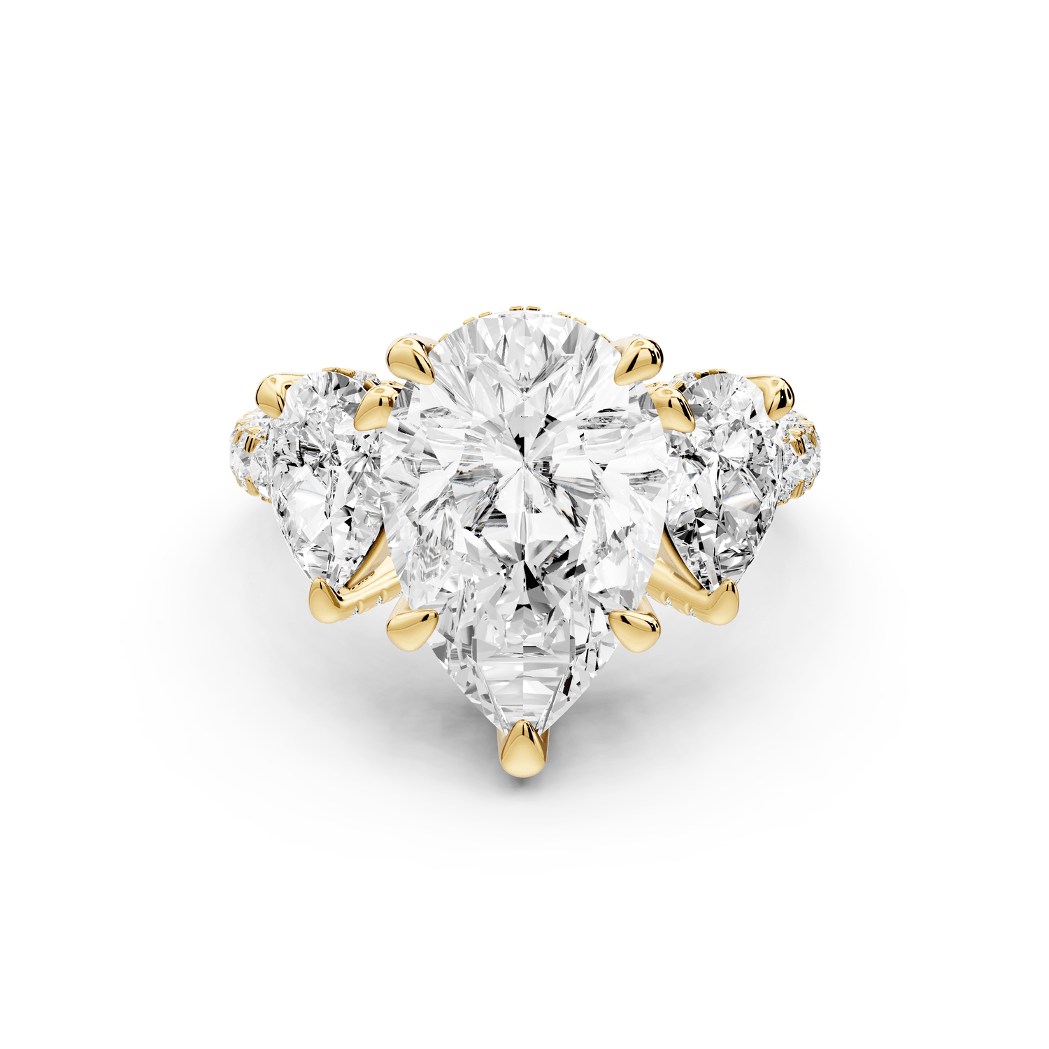 Neta - 3ct 18k yellow gold Pear Hidden Halo Three-Stone Engagement Ring with Pavé Band - Mr. Alex Jewelry