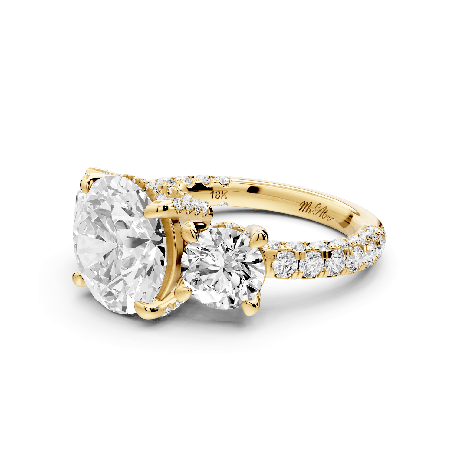 Neta - 3ct 18k yellow gold Round Hidden Halo Three-Stone Engagement Ring with Pavé Band - Mr. Alex Jewelry