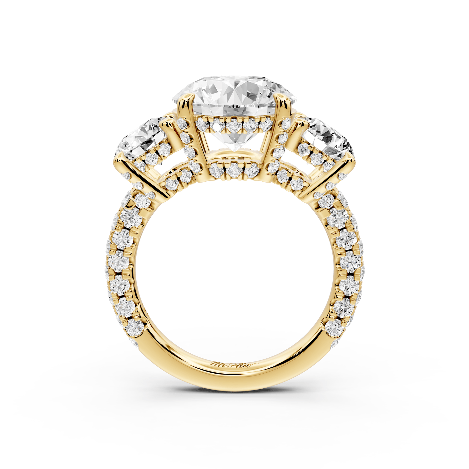 Neta - 3ct 18k yellow gold Round Hidden Halo Three-Stone Engagement Ring with Pavé Band - Mr. Alex Jewelry