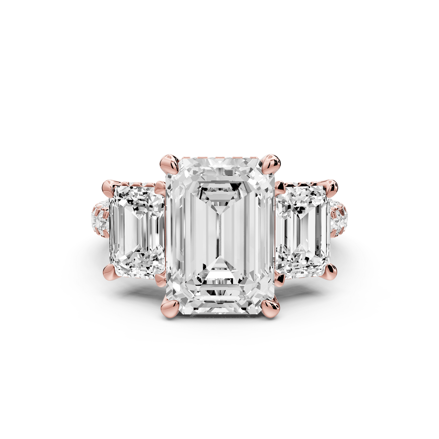 Neta - 4ct 14k rose gold Emerald Hidden Halo Three-Stone Engagement Ring with Pavé Band - Mr. Alex Jewelry