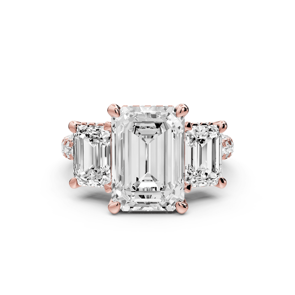 Neta - 4ct 14k rose gold Emerald Hidden Halo Three-Stone Engagement Ring with Pavé Band - Mr. Alex Jewelry