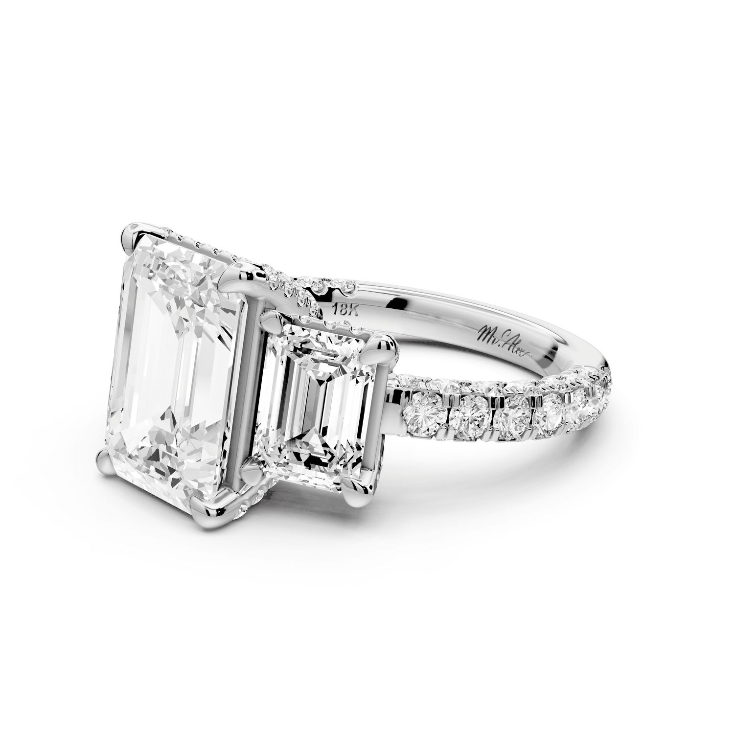 Neta - 4ct 14k white gold Emerald Hidden Halo Three-Stone Engagement Ring with Pavé Band - Mr. Alex Jewelry