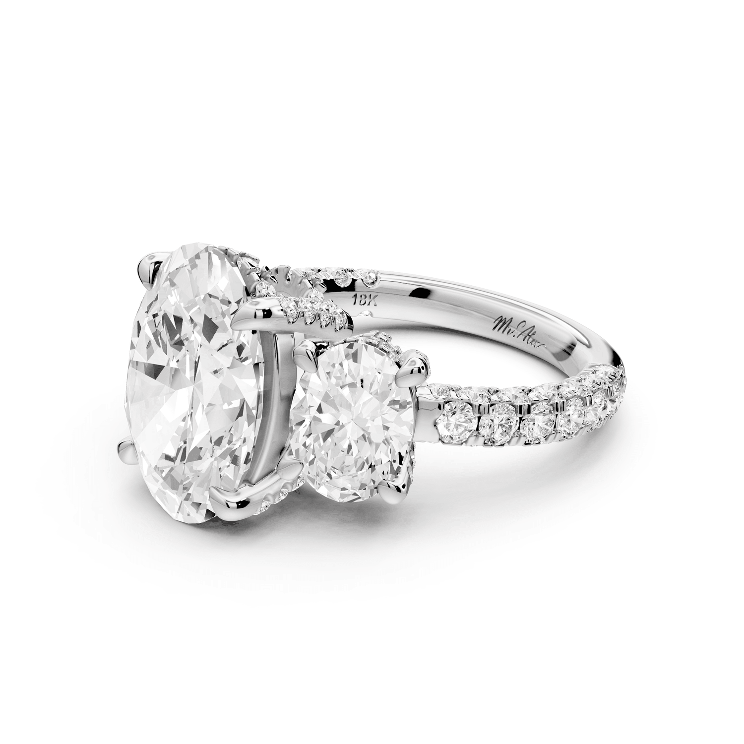 Neta - 4ct 14k white gold Oval Hidden Halo Three-Stone Engagement Ring with Pavé Band - Mr. Alex Jewelry