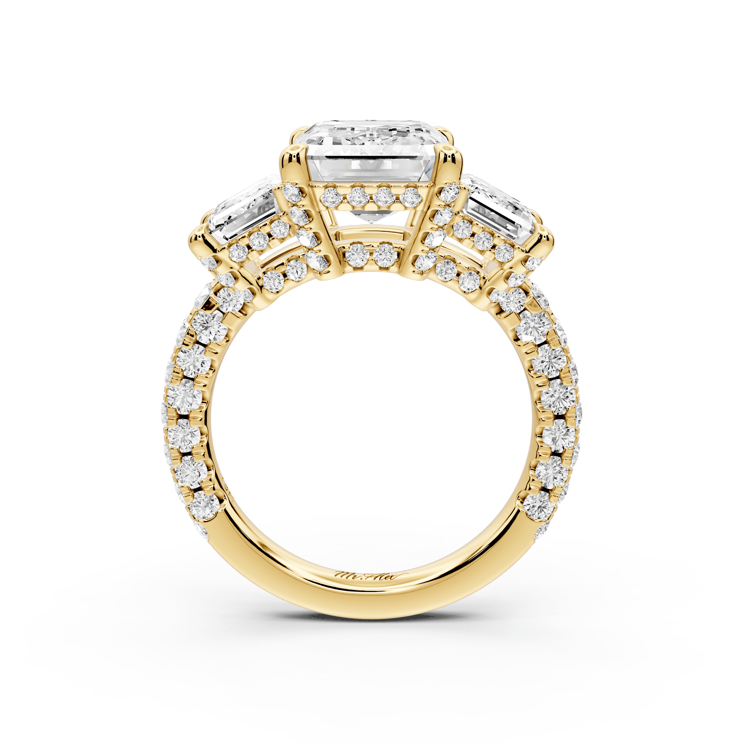 Neta - 4ct 14k yellow gold Emerald Hidden Halo Three-Stone Engagement Ring with Pavé Band - Mr. Alex Jewelry