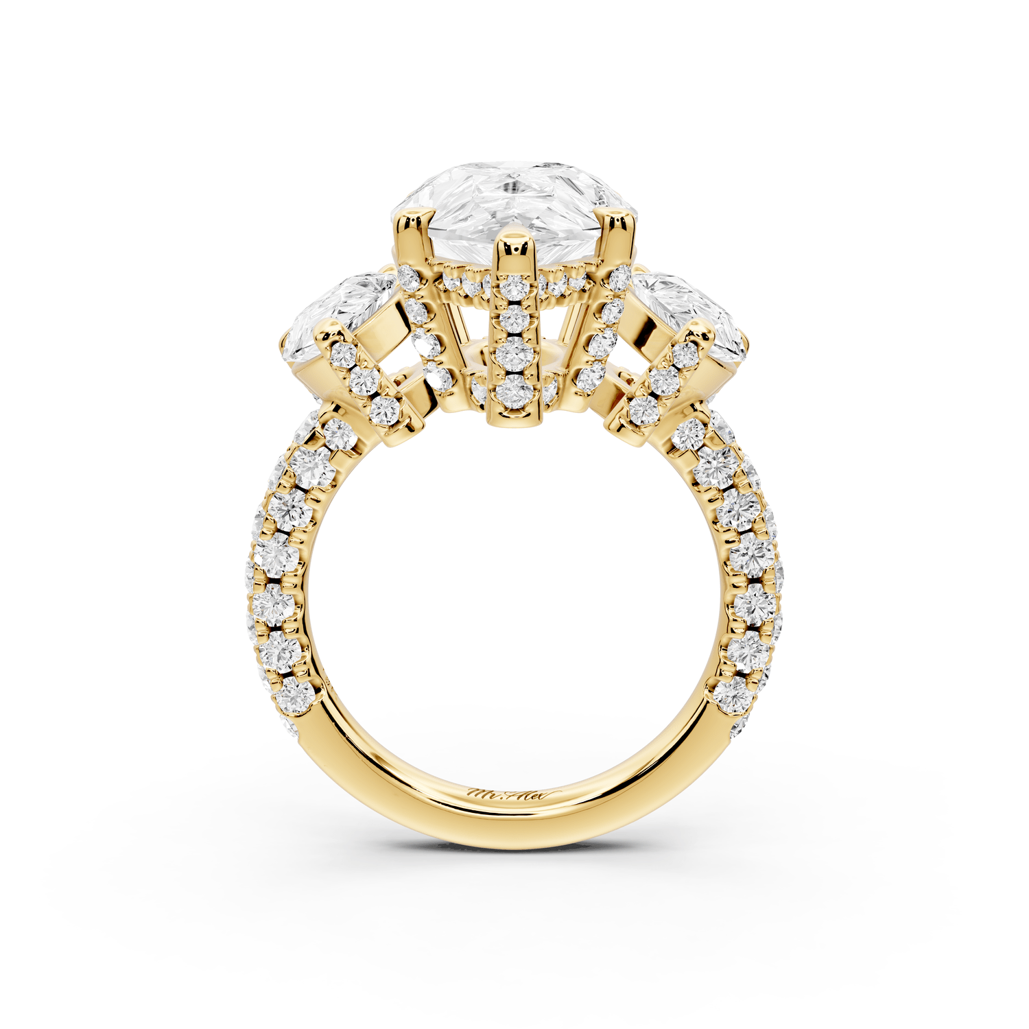 Neta - 4ct 14k yellow gold Pear Hidden Halo Three-Stone Engagement Ring with Pavé Band - Mr. Alex Jewelry