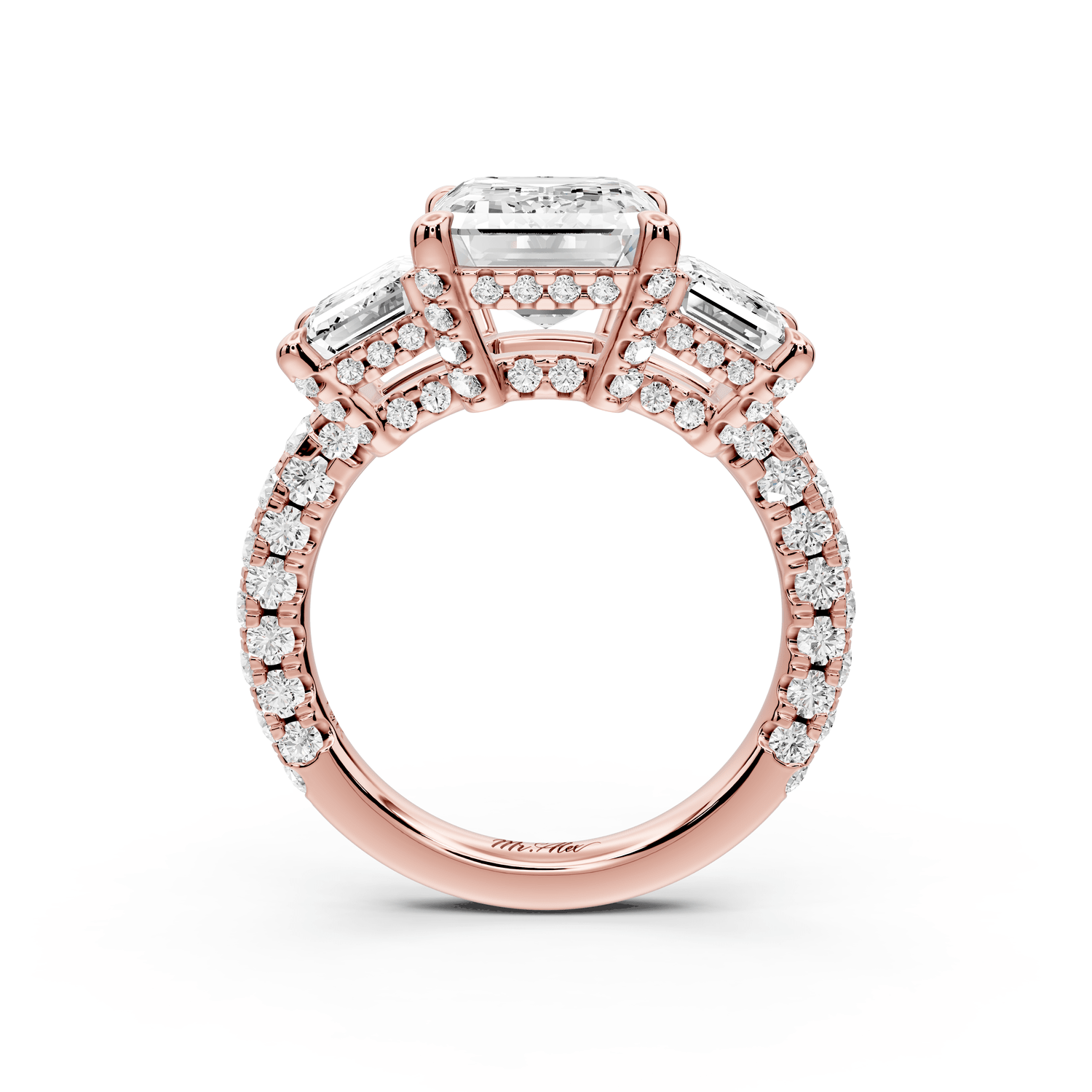 Neta - 4ct 18k rose gold Emerald Hidden Halo Three-Stone Engagement Ring with Pavé Band - Mr. Alex Jewelry