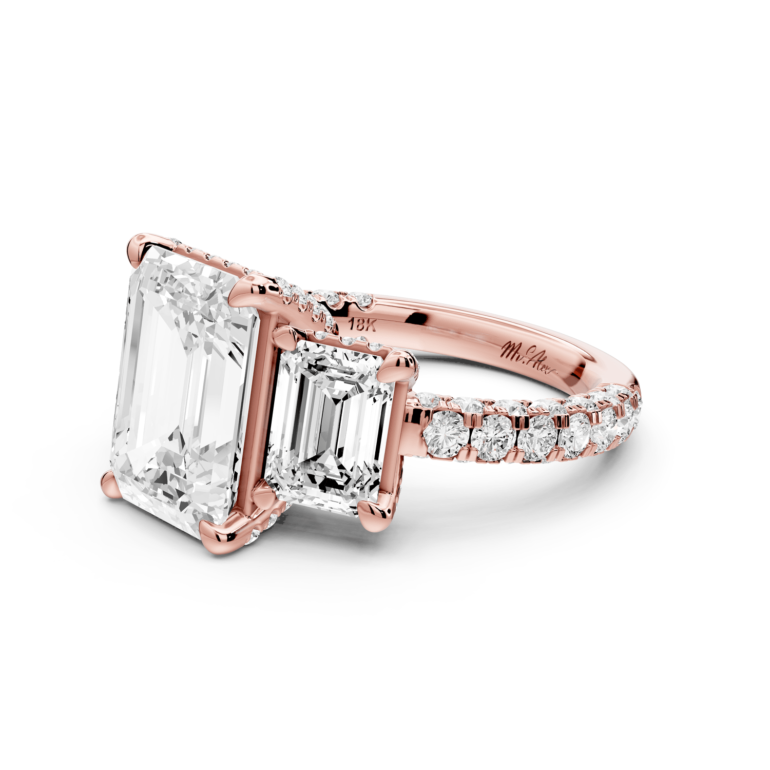Neta - 4ct 18k rose gold Emerald Hidden Halo Three-Stone Engagement Ring with Pavé Band - Mr. Alex Jewelry