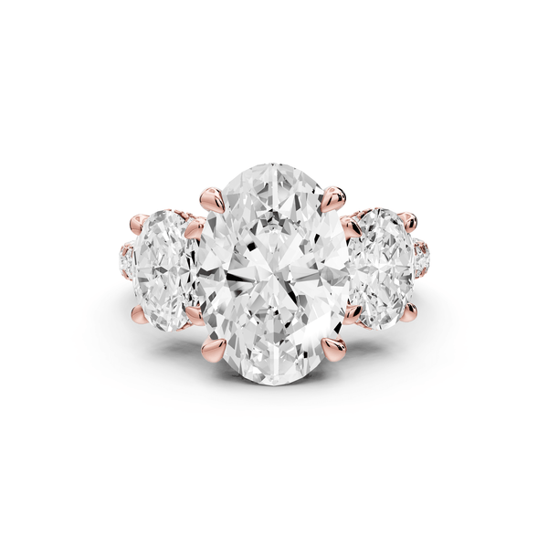 Neta - 4ct 18k rose gold Oval Hidden Halo Three-Stone Engagement Ring with Pavé Band - Mr. Alex Jewelry