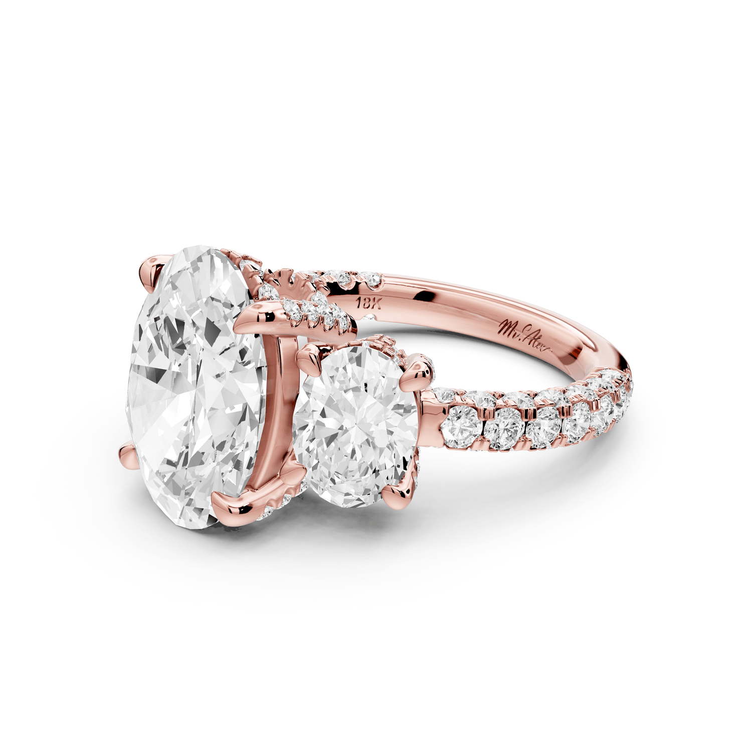 Neta - 4ct 18k rose gold Oval Hidden Halo Three-Stone Engagement Ring with Pavé Band - Mr. Alex Jewelry