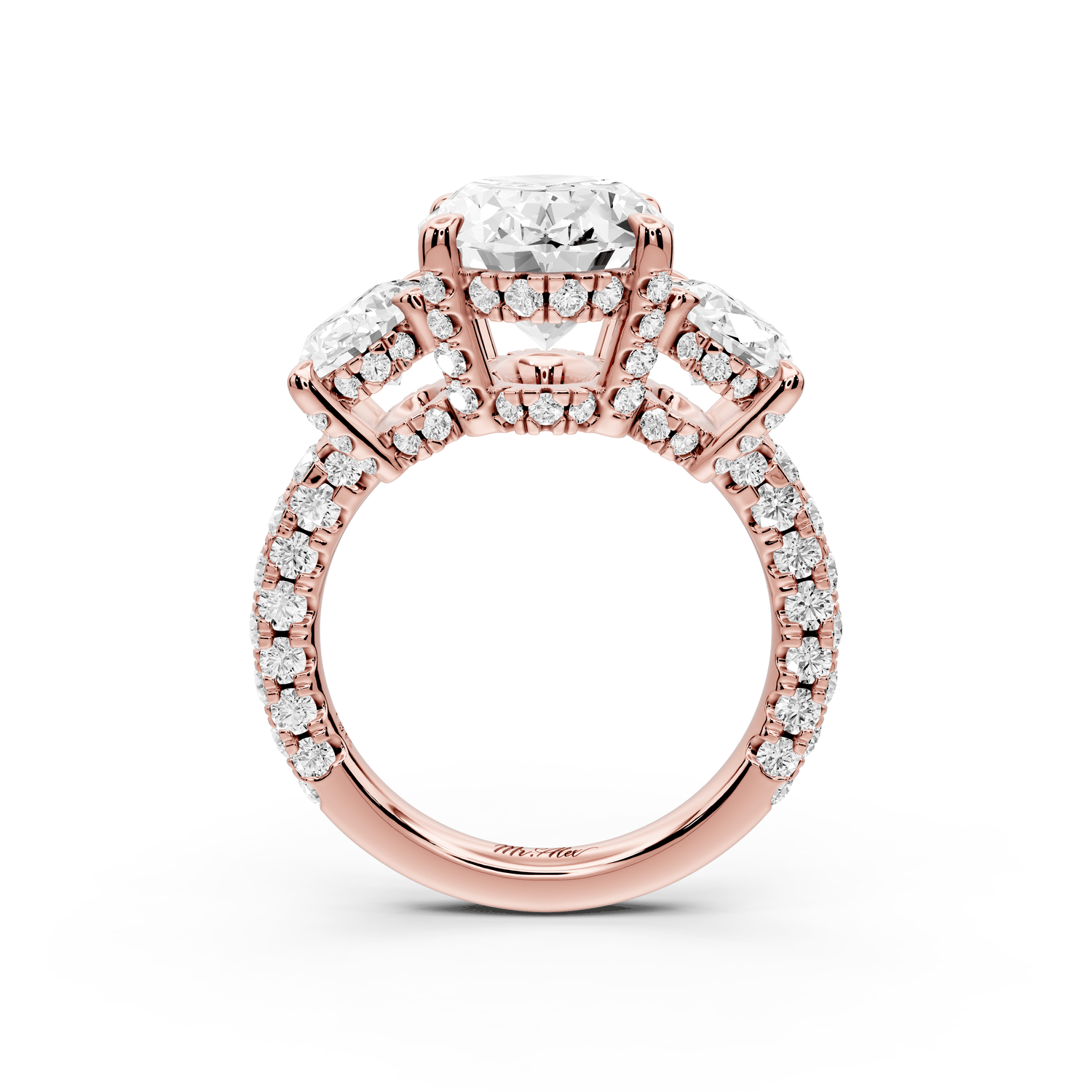 Neta - 4ct 18k rose gold Oval Hidden Halo Three-Stone Engagement Ring with Pavé Band - Mr. Alex Jewelry