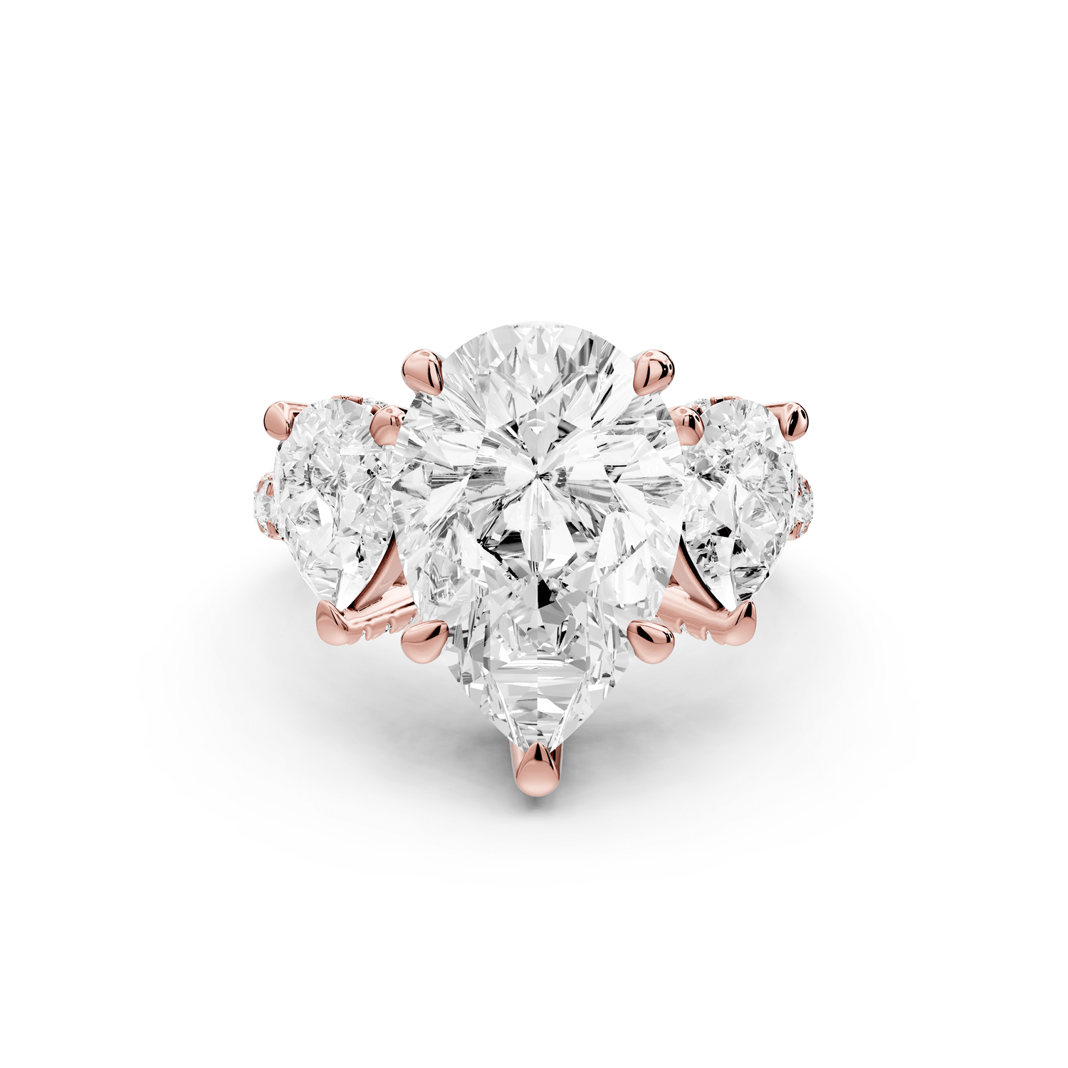 Neta - 4ct 18k rose gold Pear Hidden Halo Three-Stone Engagement Ring with Pavé Band - Mr. Alex Jewelry