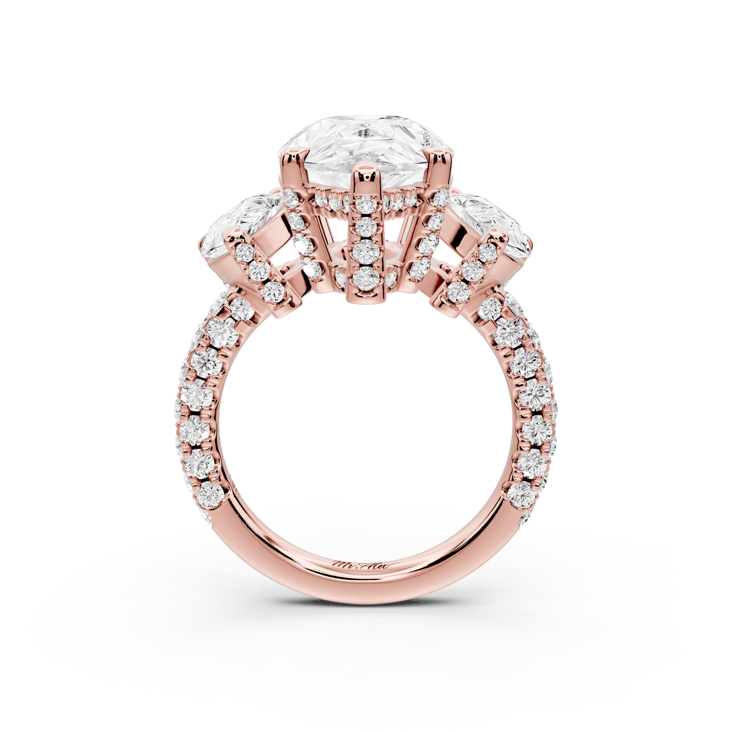 Neta - 4ct 18k rose gold Pear Hidden Halo Three-Stone Engagement Ring with Pavé Band - Mr. Alex Jewelry