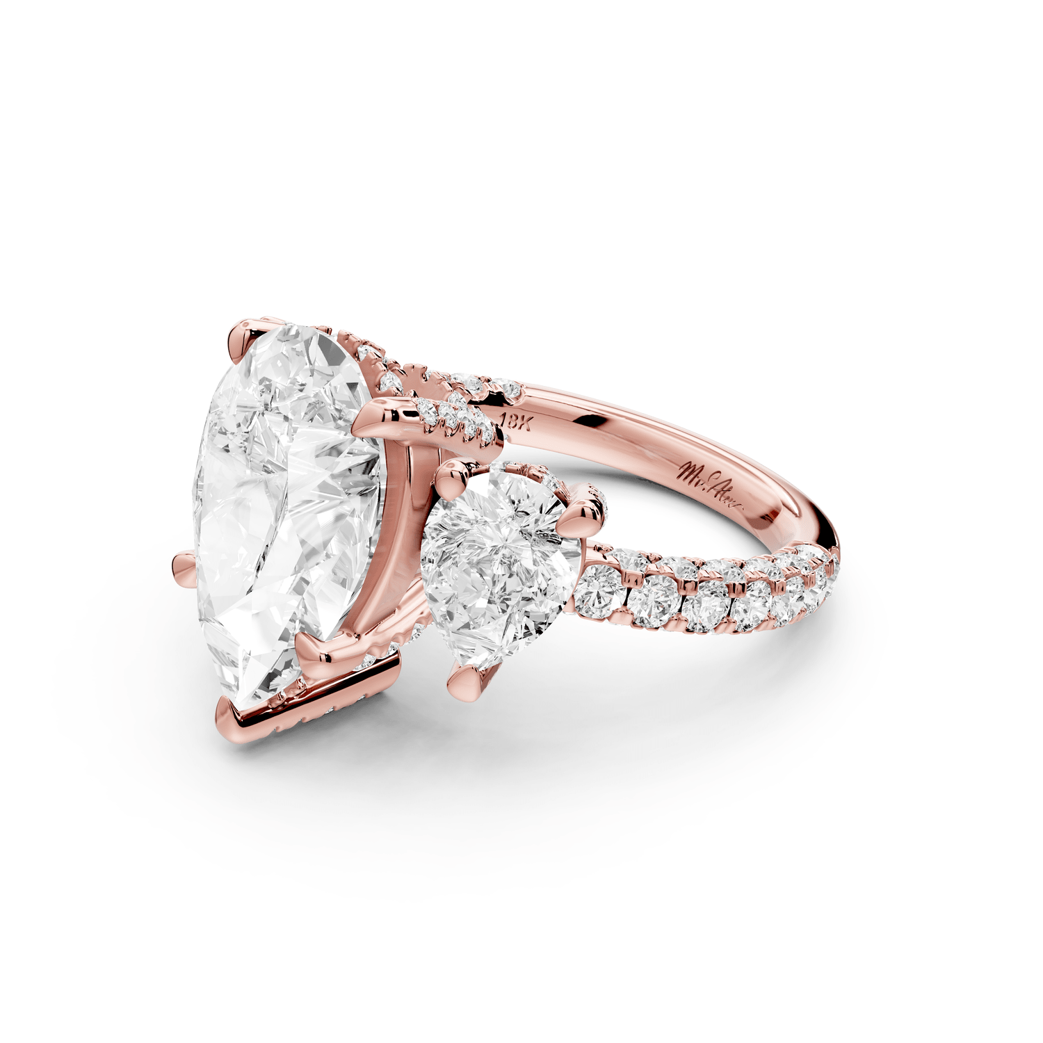 Neta - 4ct 18k rose gold Pear Hidden Halo Three-Stone Engagement Ring with Pavé Band - Mr. Alex Jewelry
