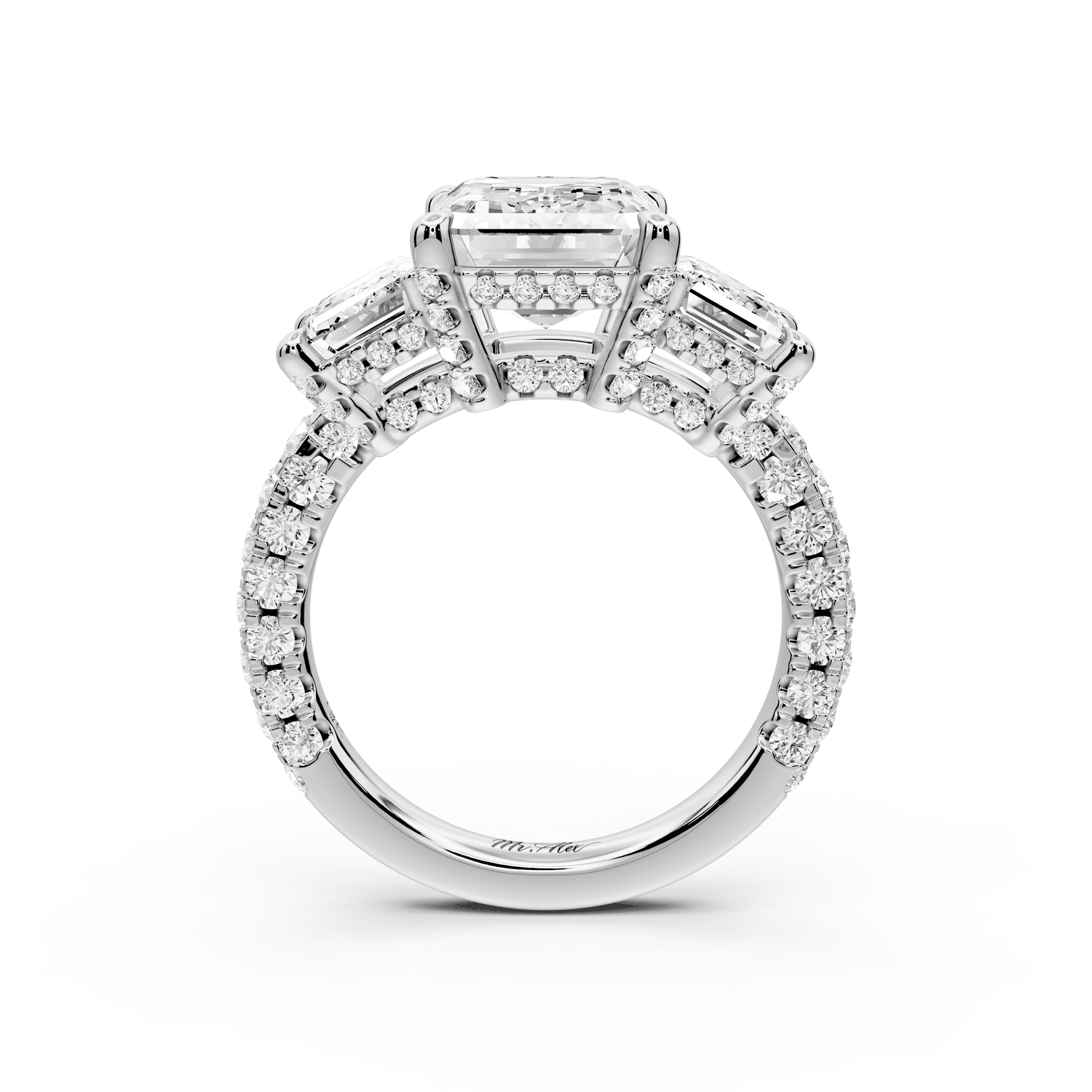 Neta - 4ct 18k white gold Emerald Hidden Halo Three-Stone Engagement Ring with Pavé Band - Mr. Alex Jewelry