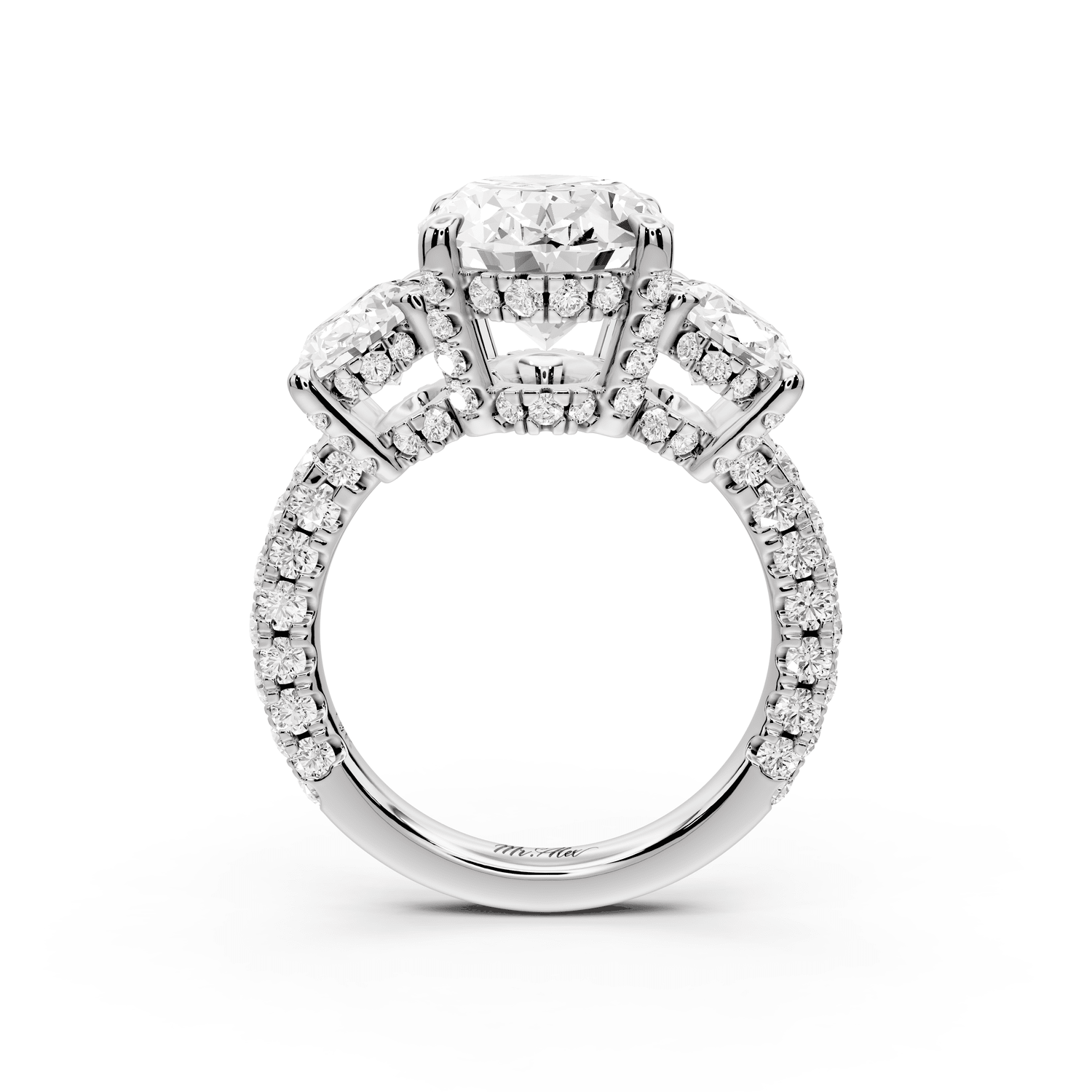 Neta - 4ct 18k white gold Oval Hidden Halo Three-Stone Engagement Ring with Pavé Band - Mr. Alex Jewelry