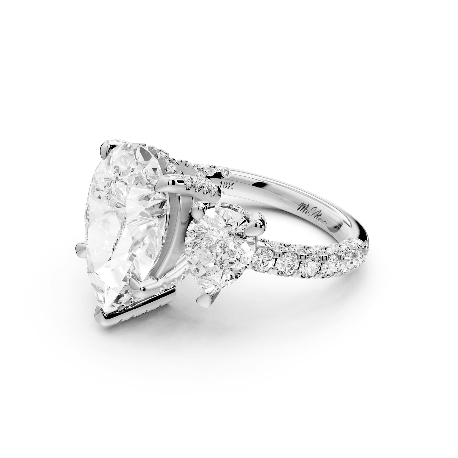 Neta - 4ct 18k white gold Pear Hidden Halo Three-Stone Engagement Ring with Pavé Band - Mr. Alex Jewelry