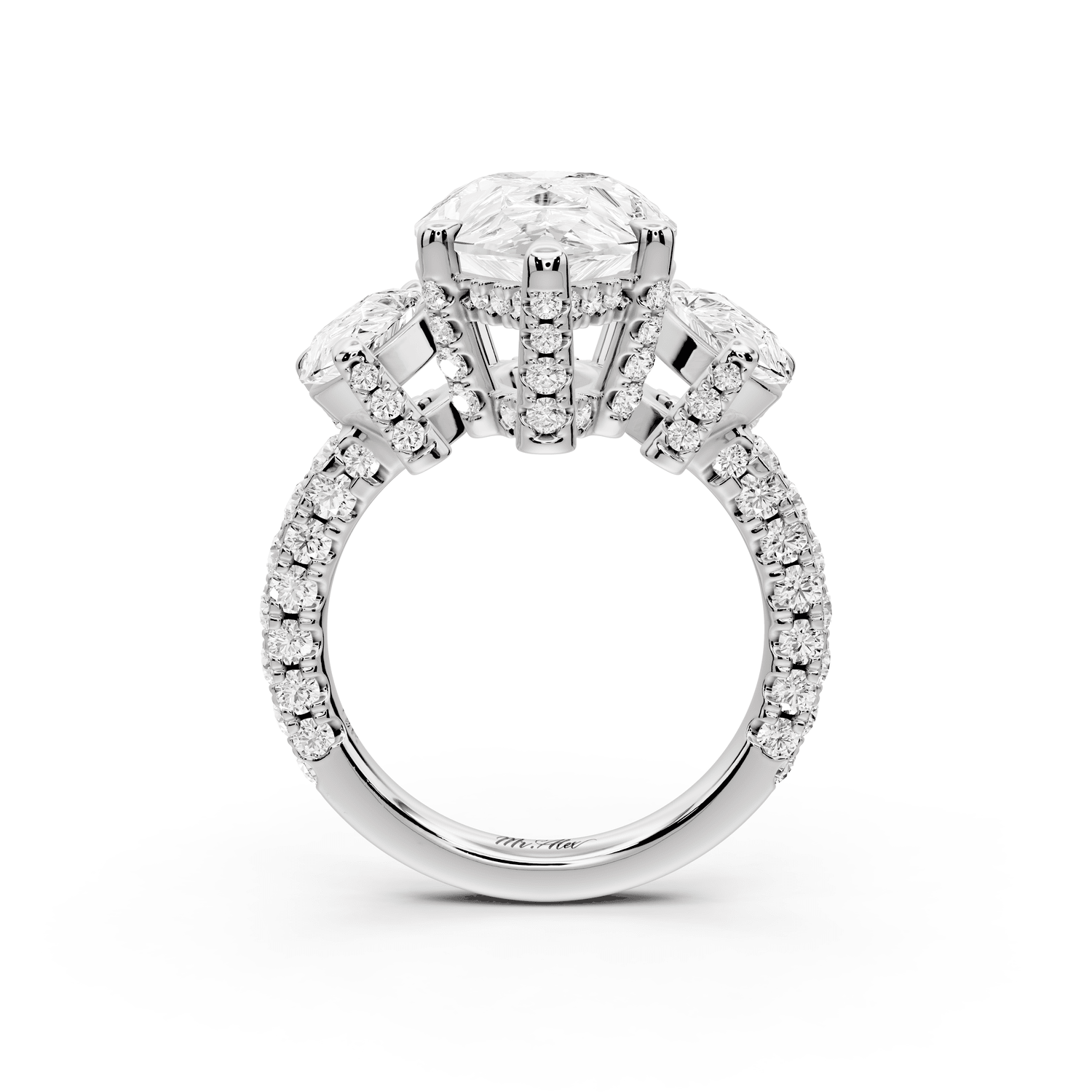 Neta - 4ct 18k white gold Pear Hidden Halo Three-Stone Engagement Ring with Pavé Band - Mr. Alex Jewelry