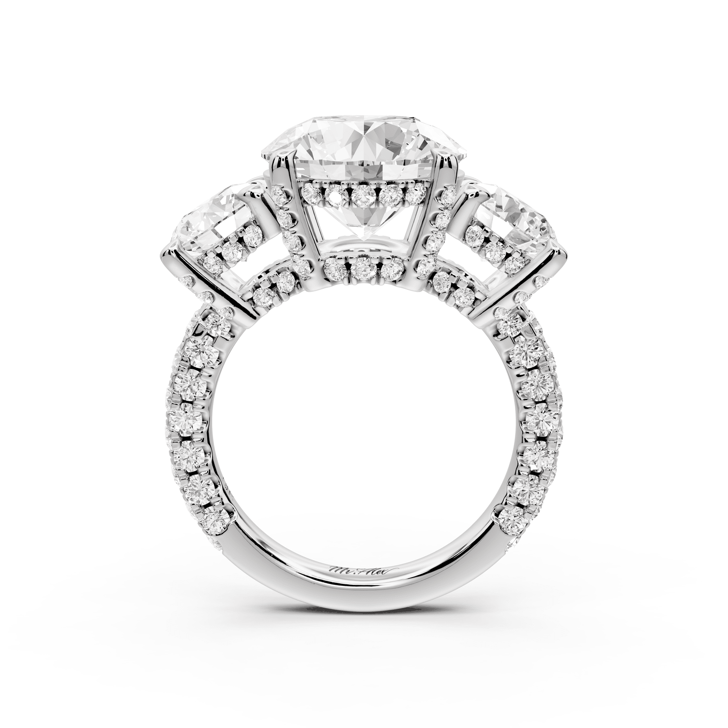 Neta - 4ct 18k white gold Round Hidden Halo Three-Stone Engagement Ring with Pavé Band - Mr. Alex Jewelry