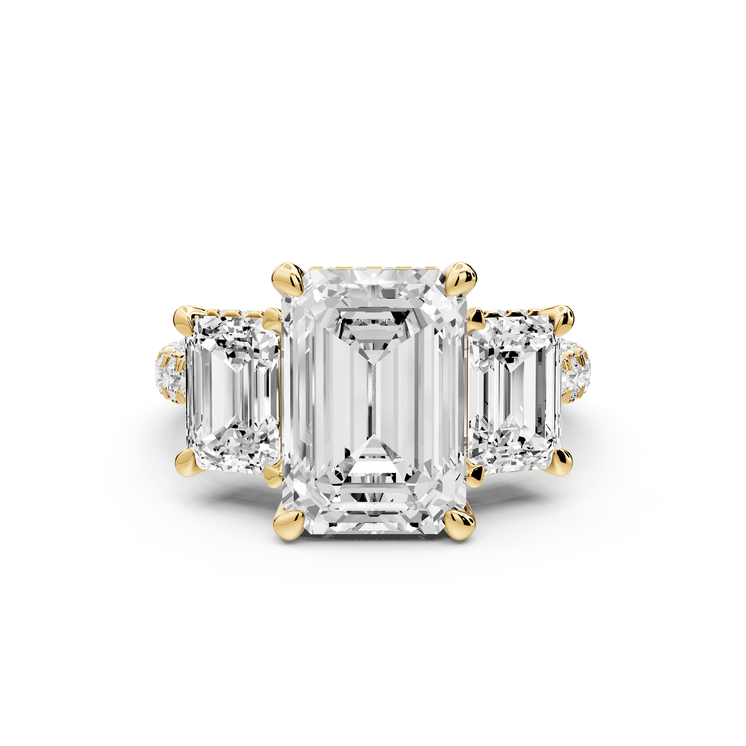 Neta - 4ct 18k yellow gold Emerald Hidden Halo Three-Stone Engagement Ring with Pavé Band - Mr. Alex Jewelry