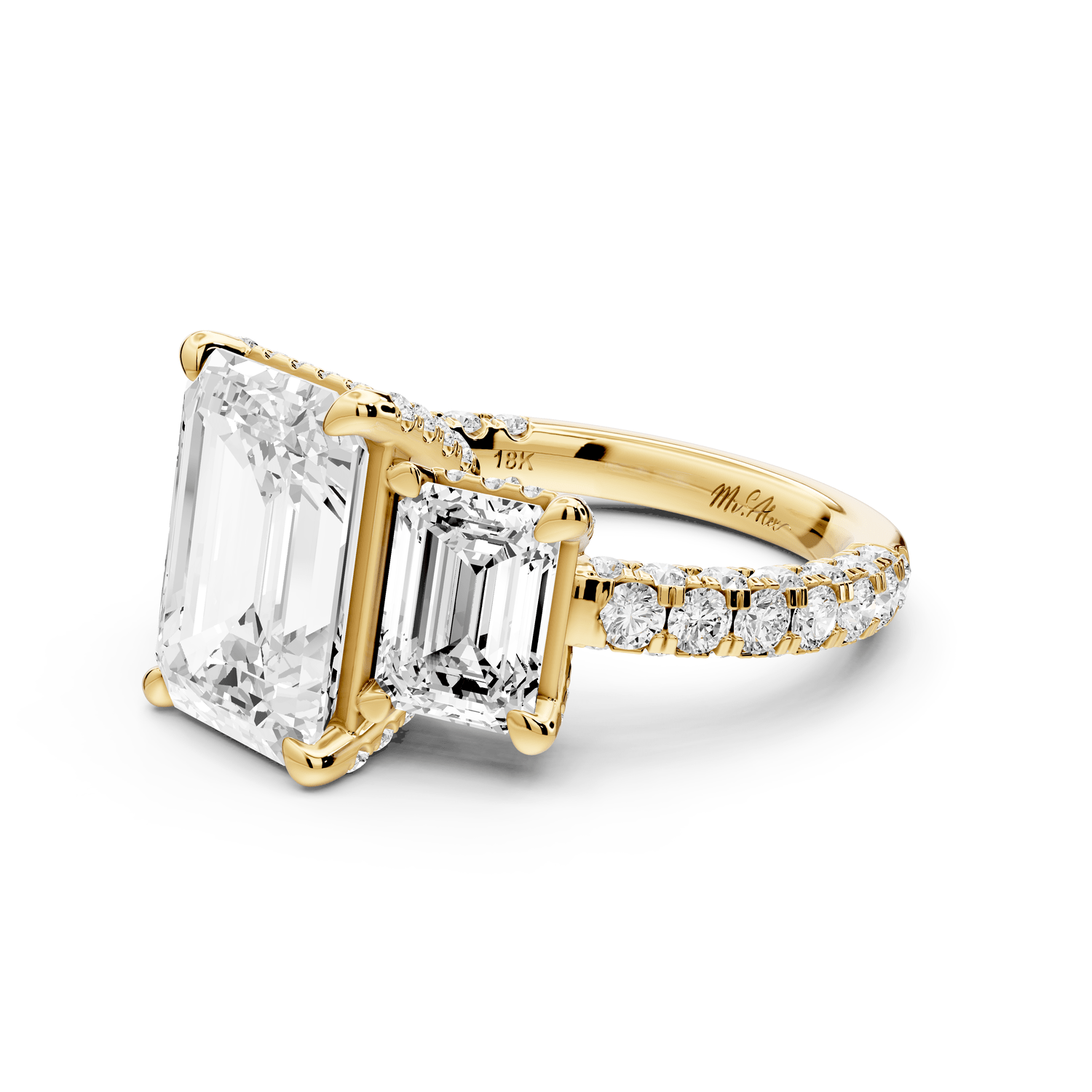 Neta - 4ct 18k yellow gold Emerald Hidden Halo Three-Stone Engagement Ring with Pavé Band - Mr. Alex Jewelry